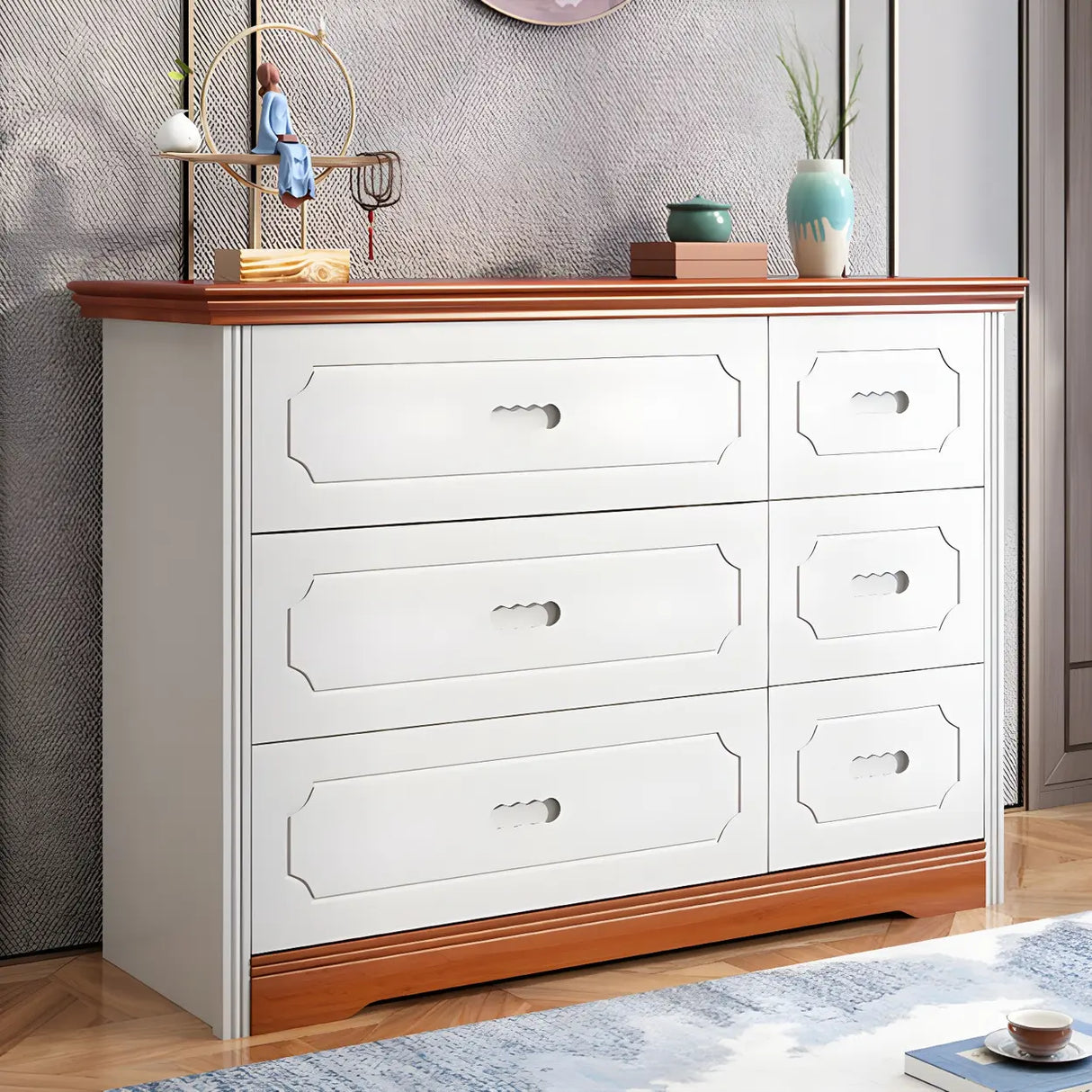 Horizontal Brown Rubberwood Double Dresser for Bedroom Image - 2