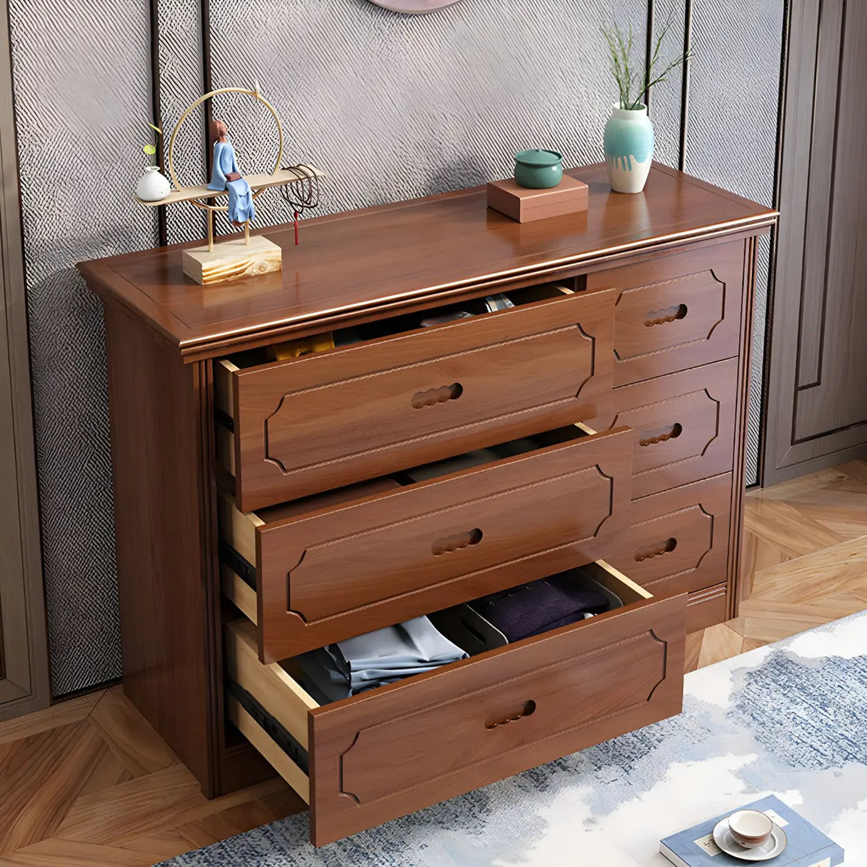 Horizontal Brown Rubberwood Double Dresser for Bedroom Image - 4