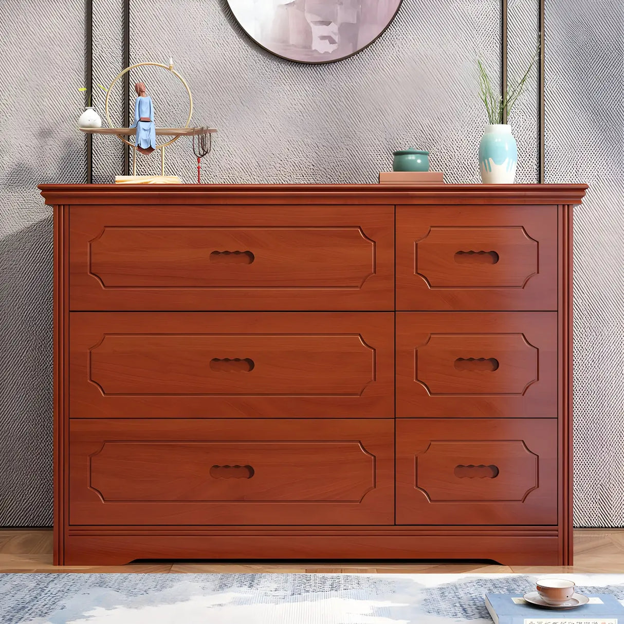 Horizontal Brown Rubberwood Double Dresser for Bedroom Image - 5