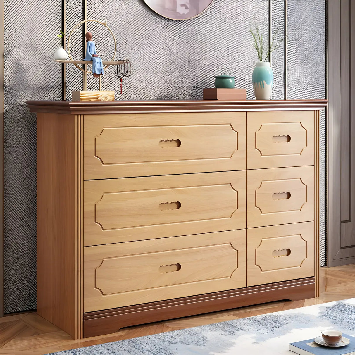 Horizontal Brown Rubberwood Double Dresser for Bedroom Image - 6