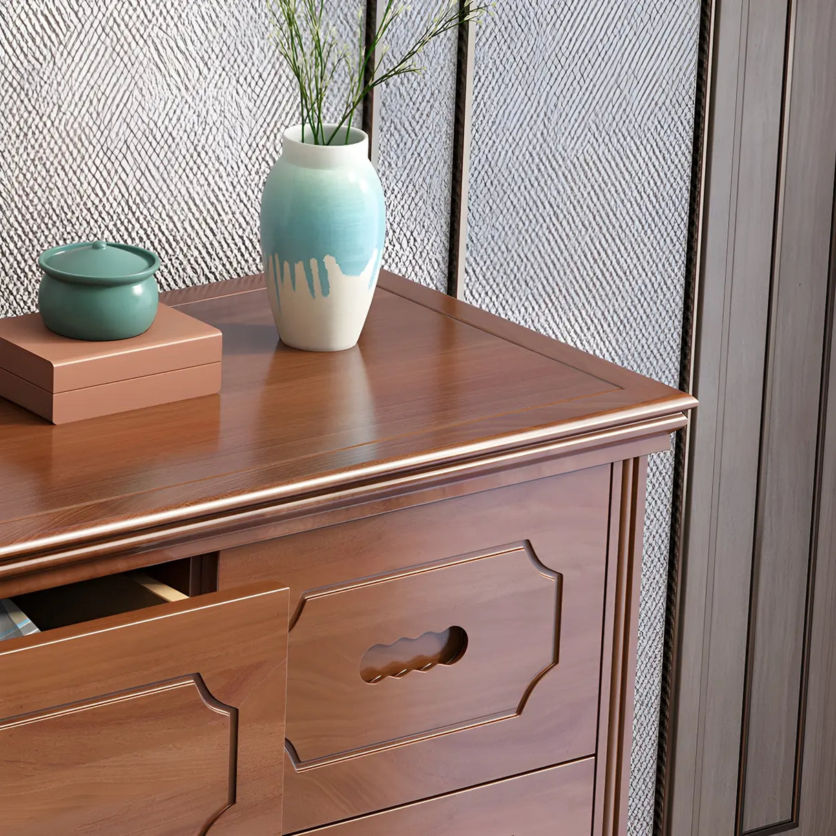 Horizontal Brown Rubberwood Double Dresser for Bedroom Image - 9