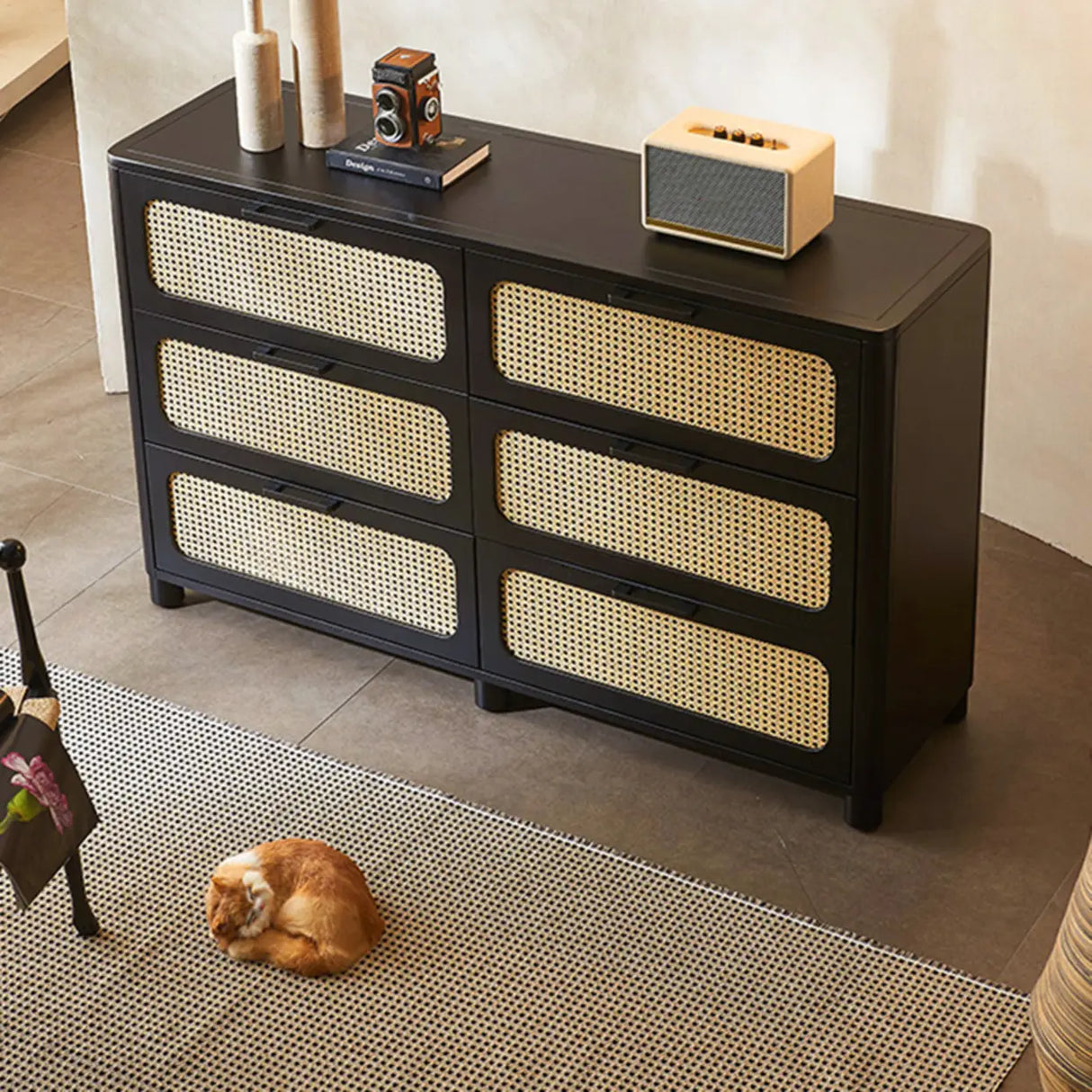 Horizontal Woven Black Wood Double Dresser with Drawers Image - 5