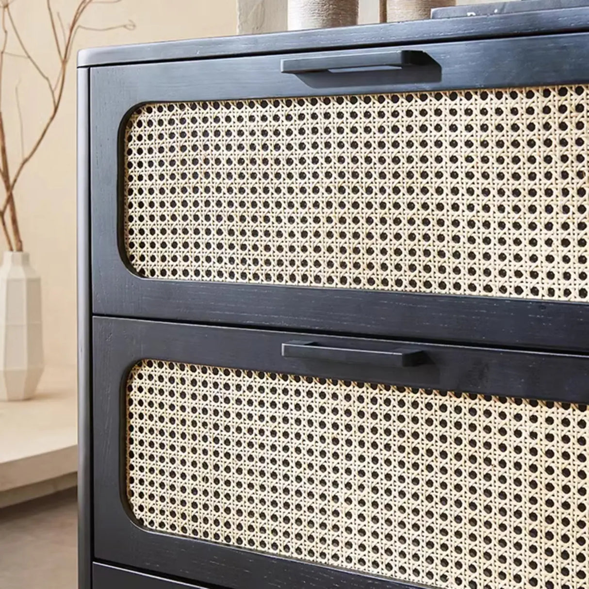 Horizontal Woven Black Wood Double Dresser with Drawers Image - 7
