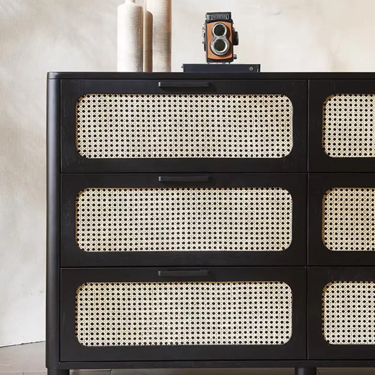 Horizontal Woven Black Wood Double Dresser with Drawers Image - 8