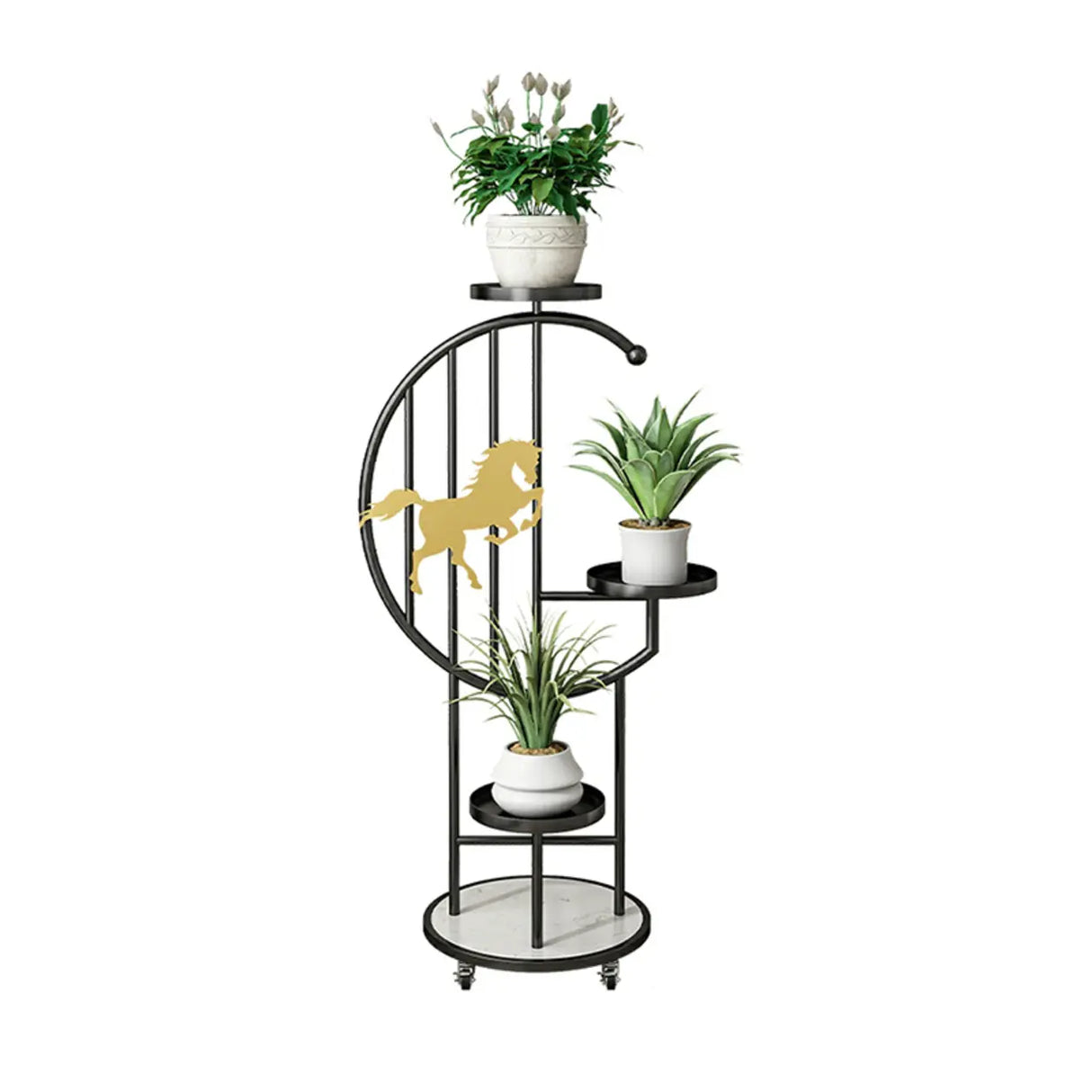 Horse Pattern Round Gold Metal Plant Stand with Shelves Image - 10