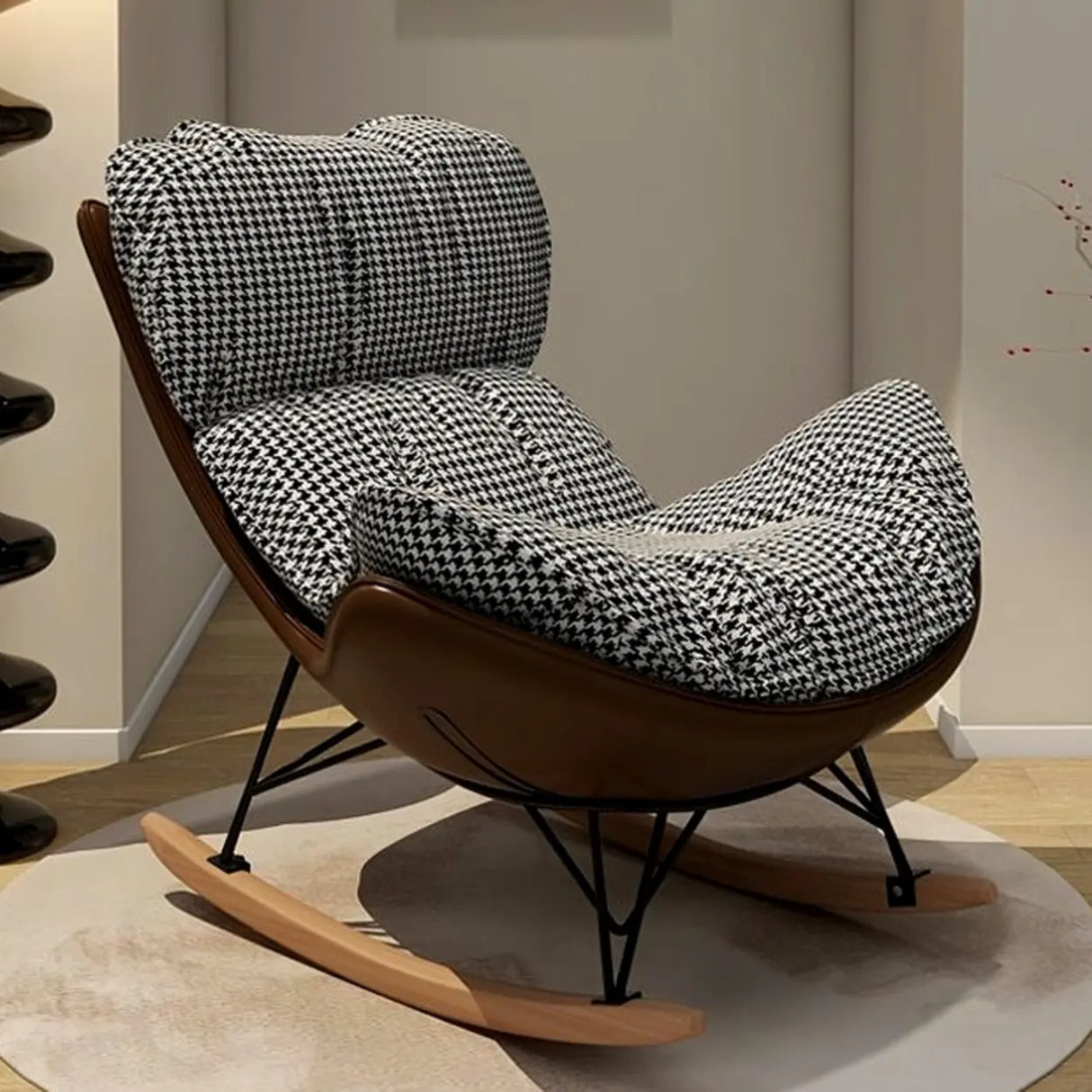 Houndstooth Cotton Linen Rocking Chair with Slipcover Image - 3