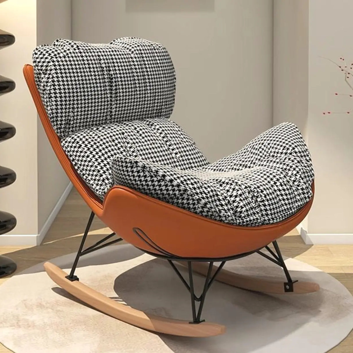 Houndstooth Cotton Linen Rocking Chair with Slipcover Image - 5