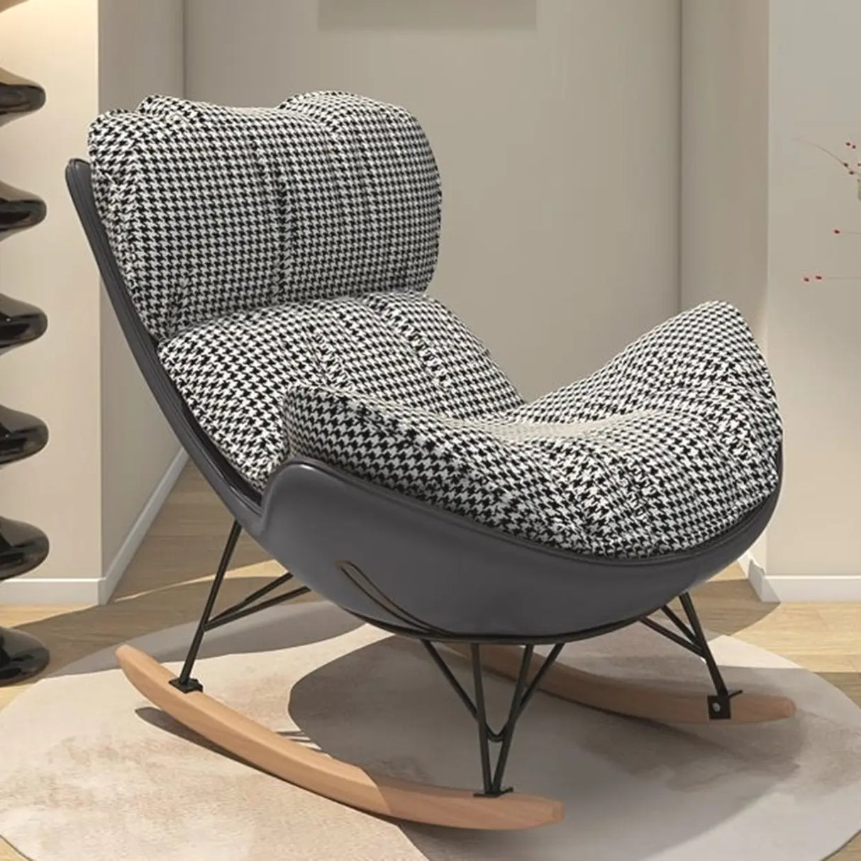 Houndstooth Cotton Linen Rocking Chair with Slipcover Image - 7