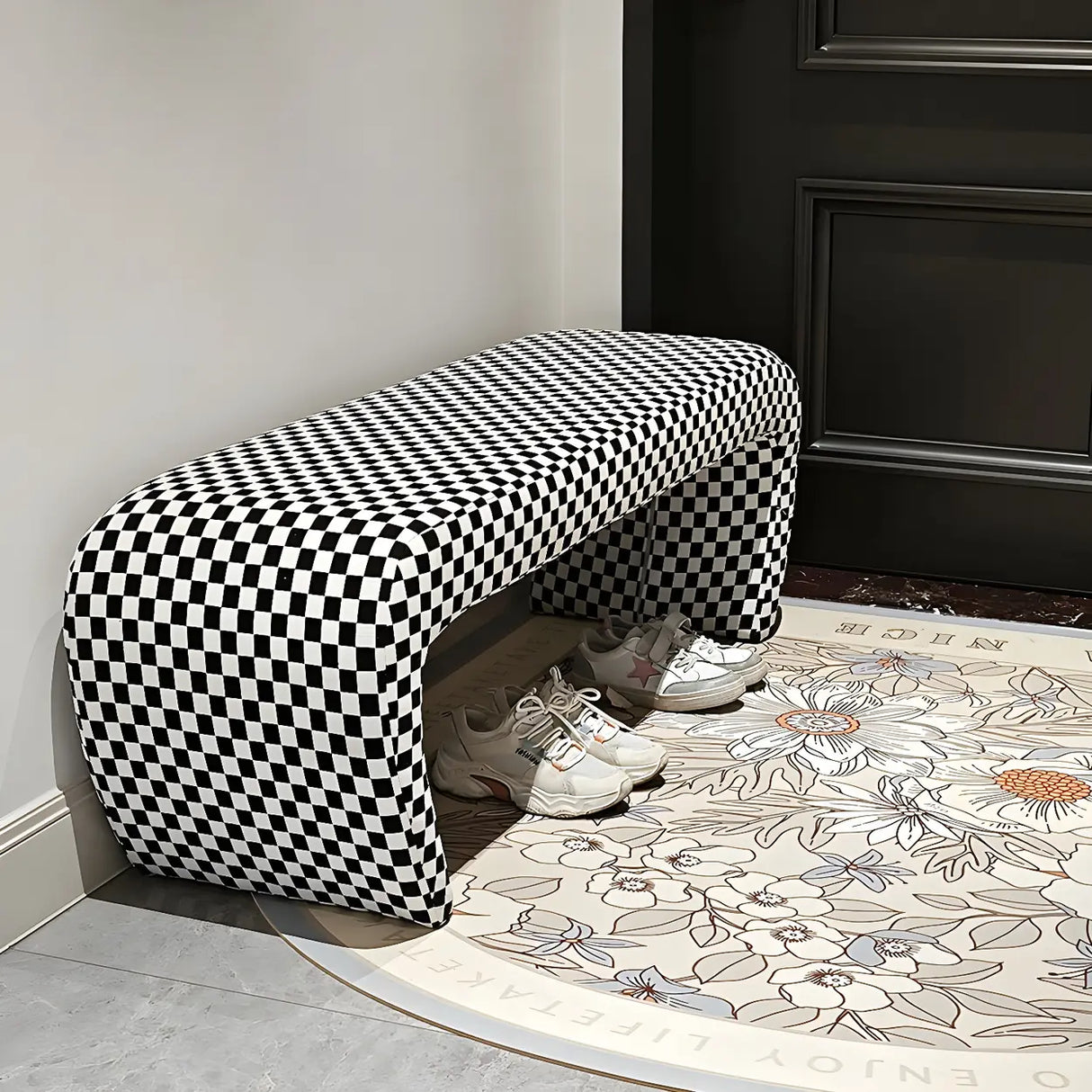 Houndstooth Pattern Upholstered Short Entryway Bench Image - 3