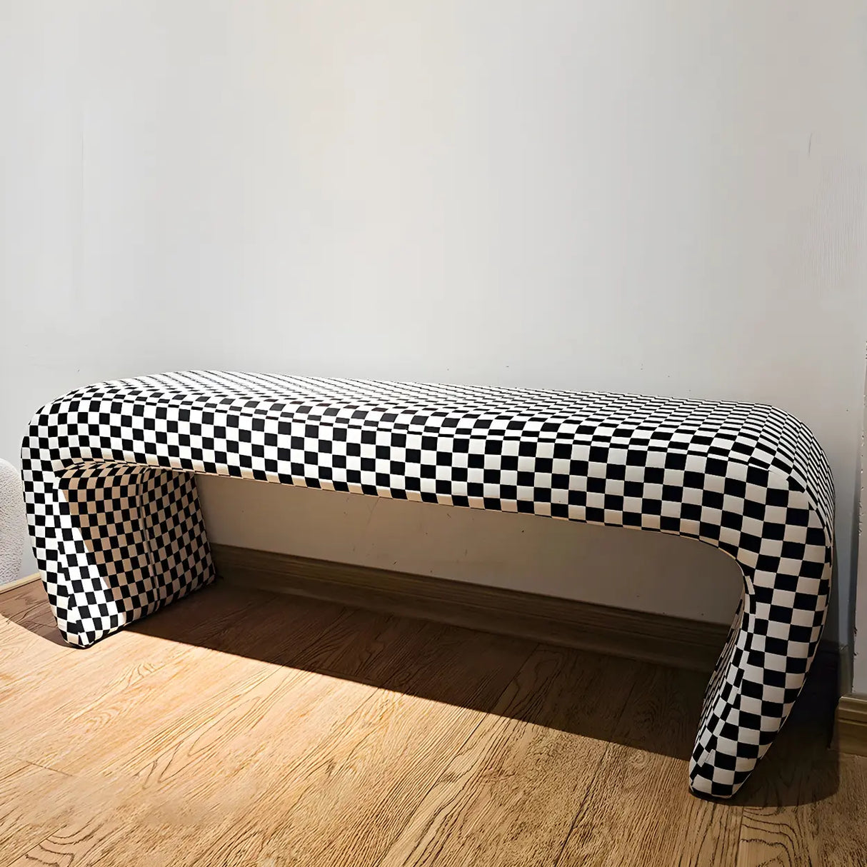 Houndstooth Pattern Upholstered Short Entryway Bench Image - 9