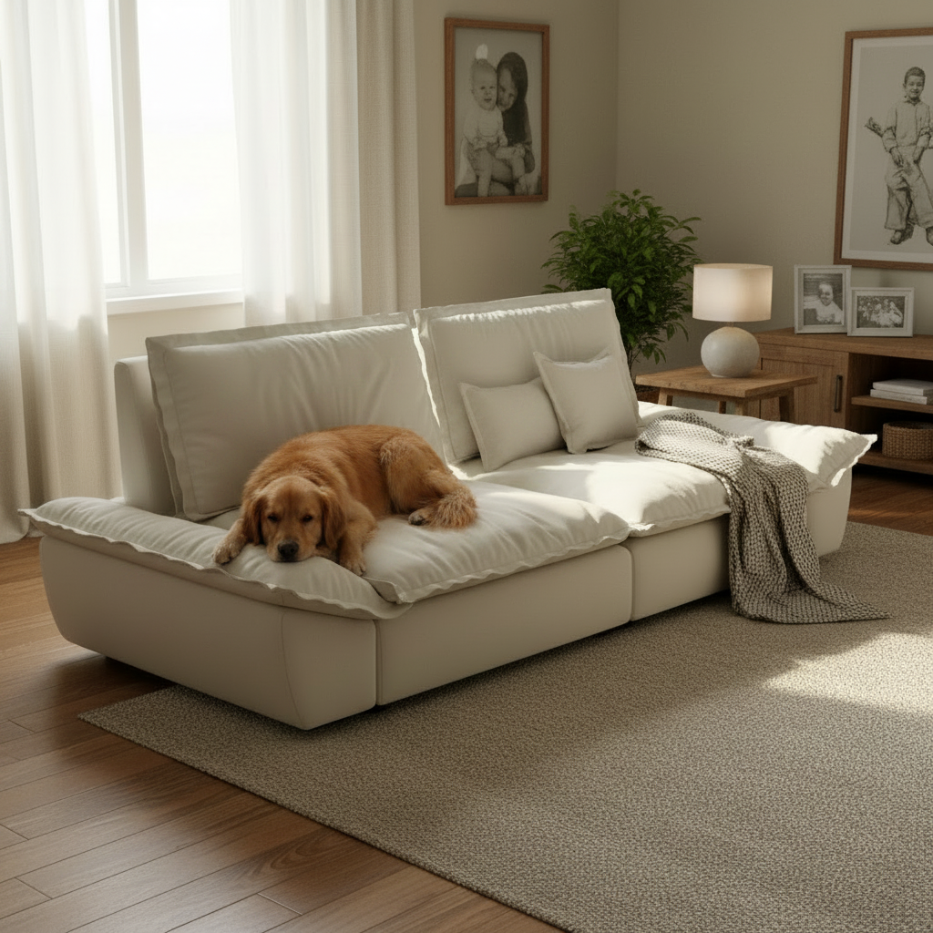Beige 2-seater suede modular sofa with a dog resting on a deep seat in a cozy living room
