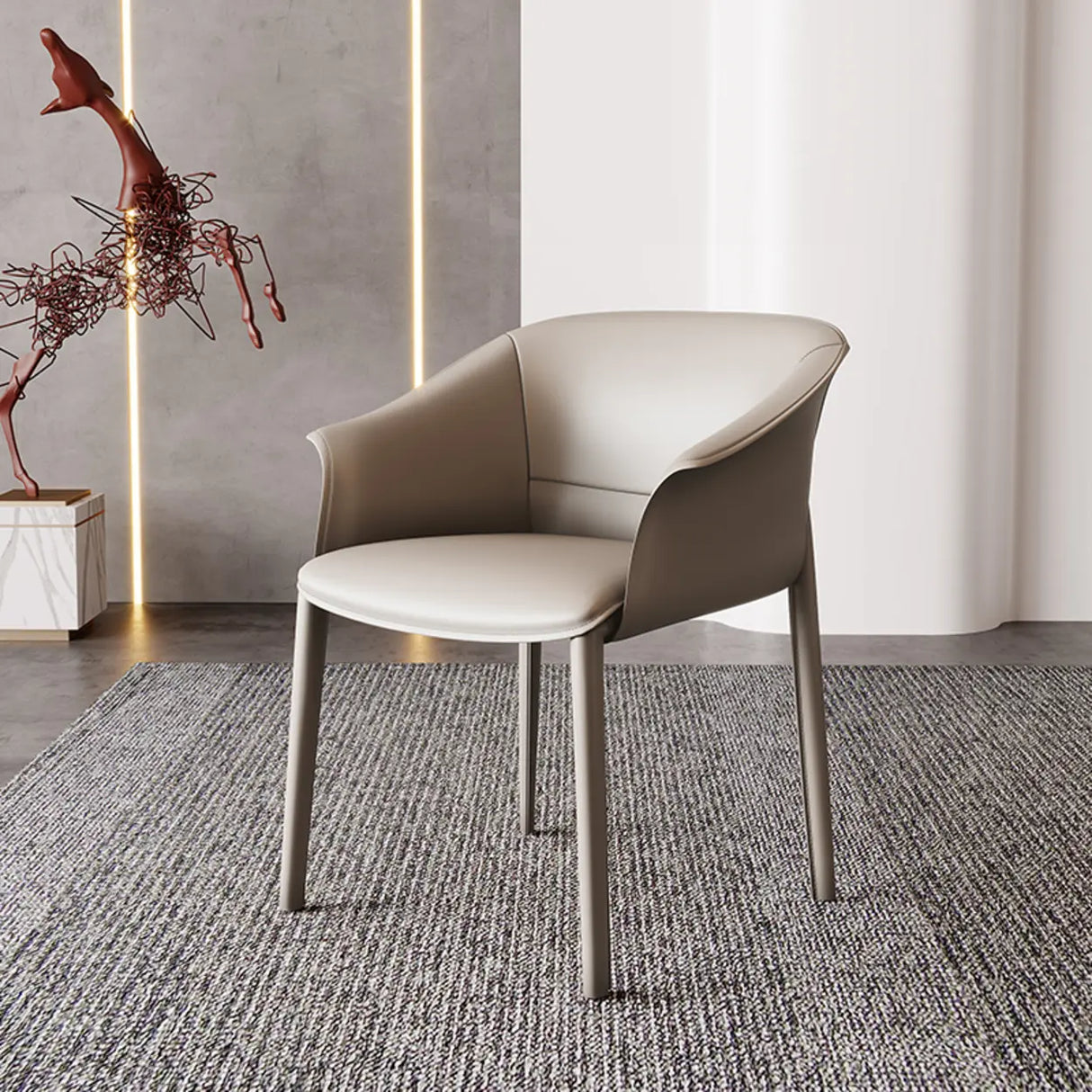 Indoor Light Gray Round Faux Leather Arm Dining Chair Image - 2