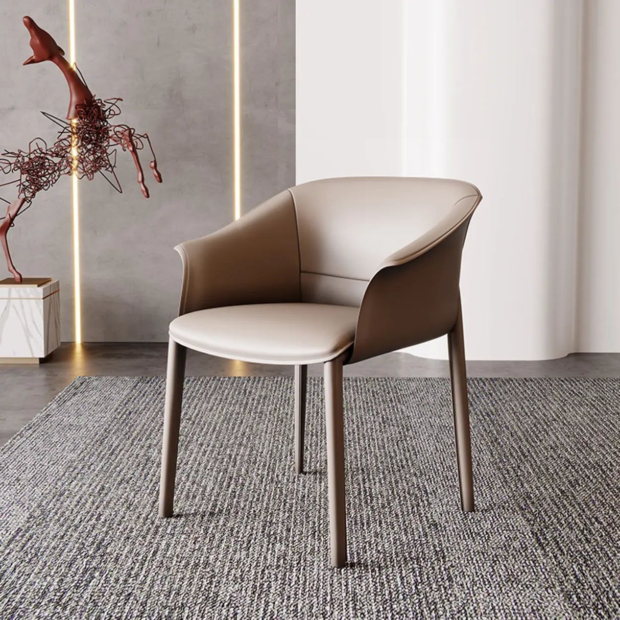 Indoor Light Gray Round Faux Leather Arm Dining Chair Image - 3