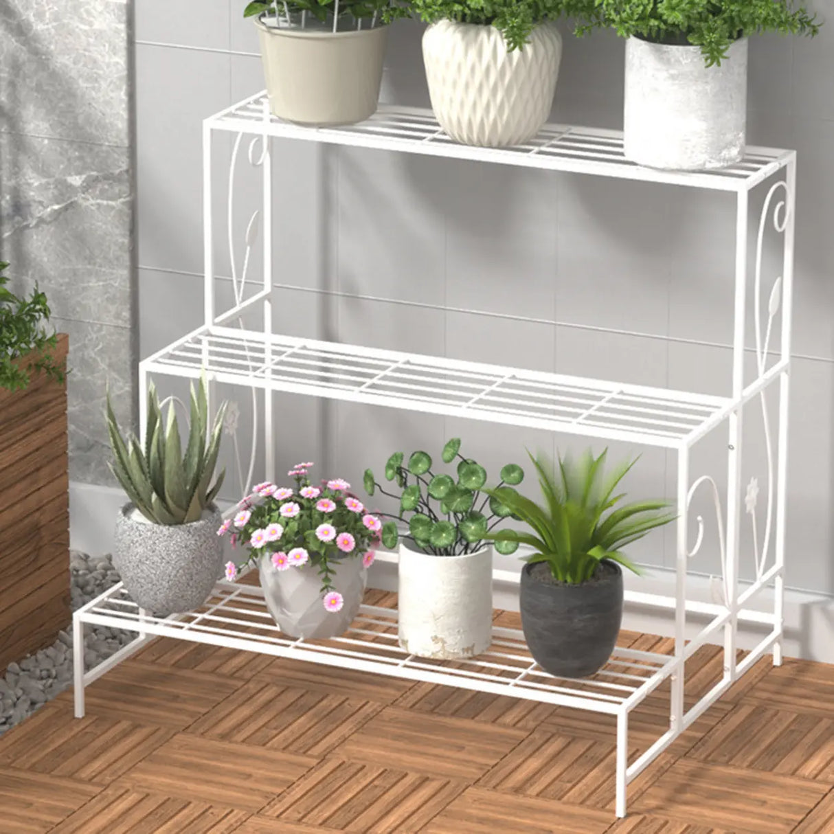 Indoor Rectangular Metal Frame Mesh Plant Stand White Image - 10