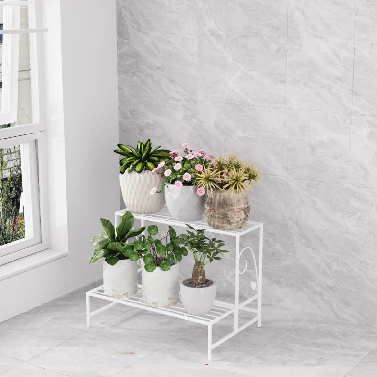 Indoor Rectangular Metal Frame Mesh Plant Stand White Image - 13