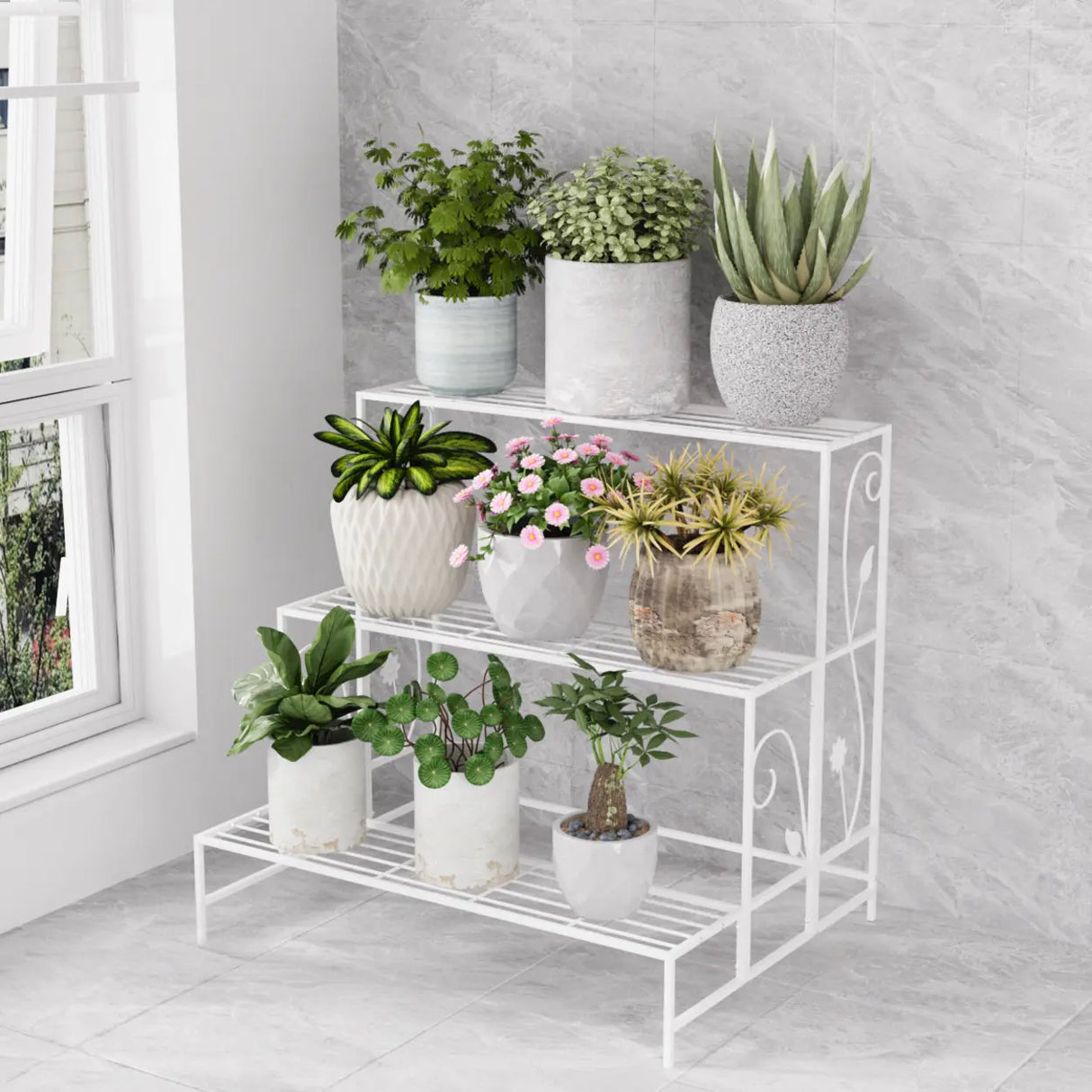 Indoor Rectangular Metal Frame Mesh Plant Stand White Image - 7
