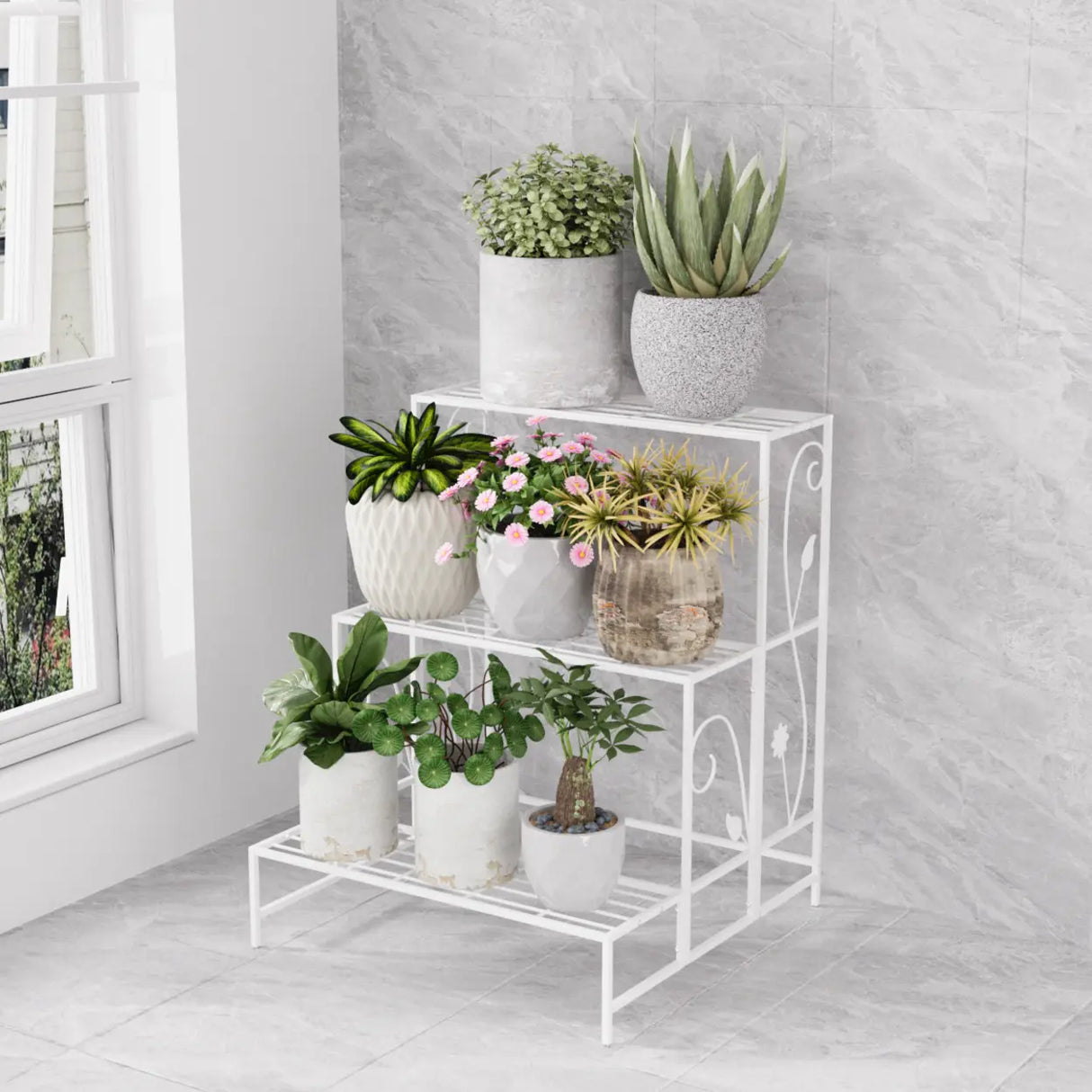 Indoor Rectangular Metal Frame Mesh Plant Stand White Image - 8
