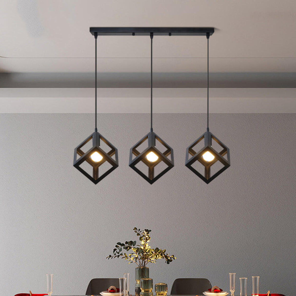Industrial 3 Light Metal Black Cube Pendant Light Image - 1