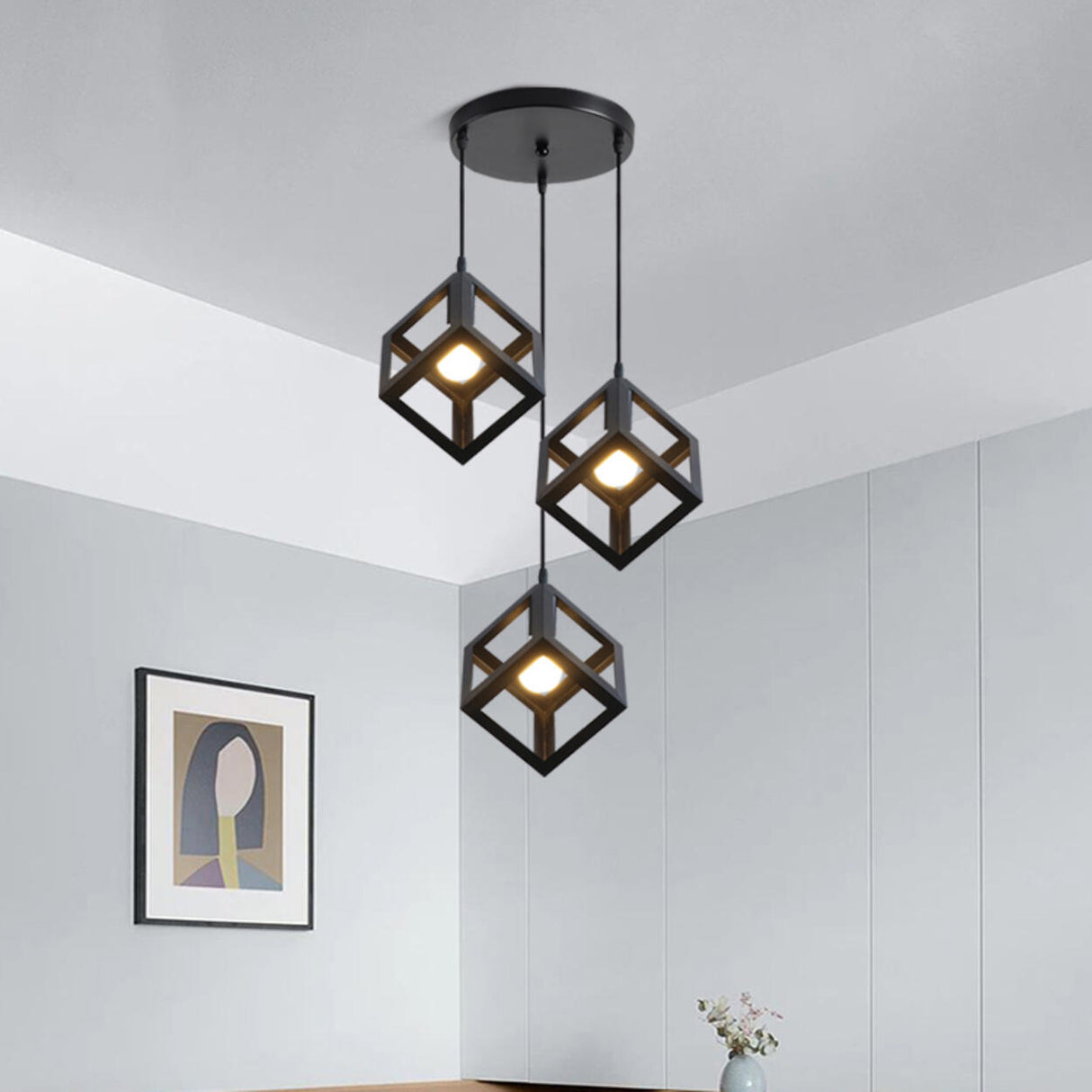 Industrial 3 Light Metal Black Cube Pendant Light Image - 6