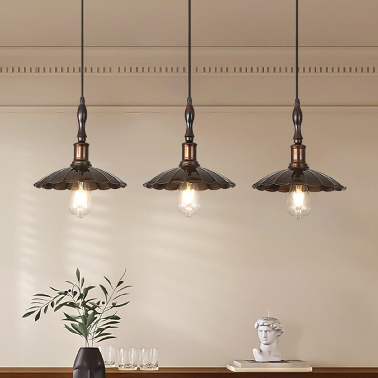 Industrial 3-Light Scalloped Island Pendant Light Image - 3