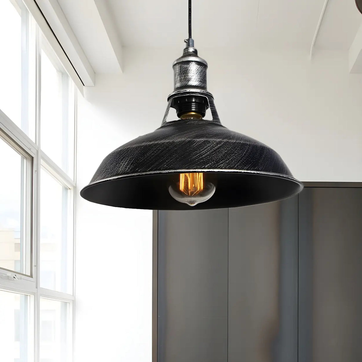 Industrial Aged Silver Rust Metal Barn Pendant Light Image - 7