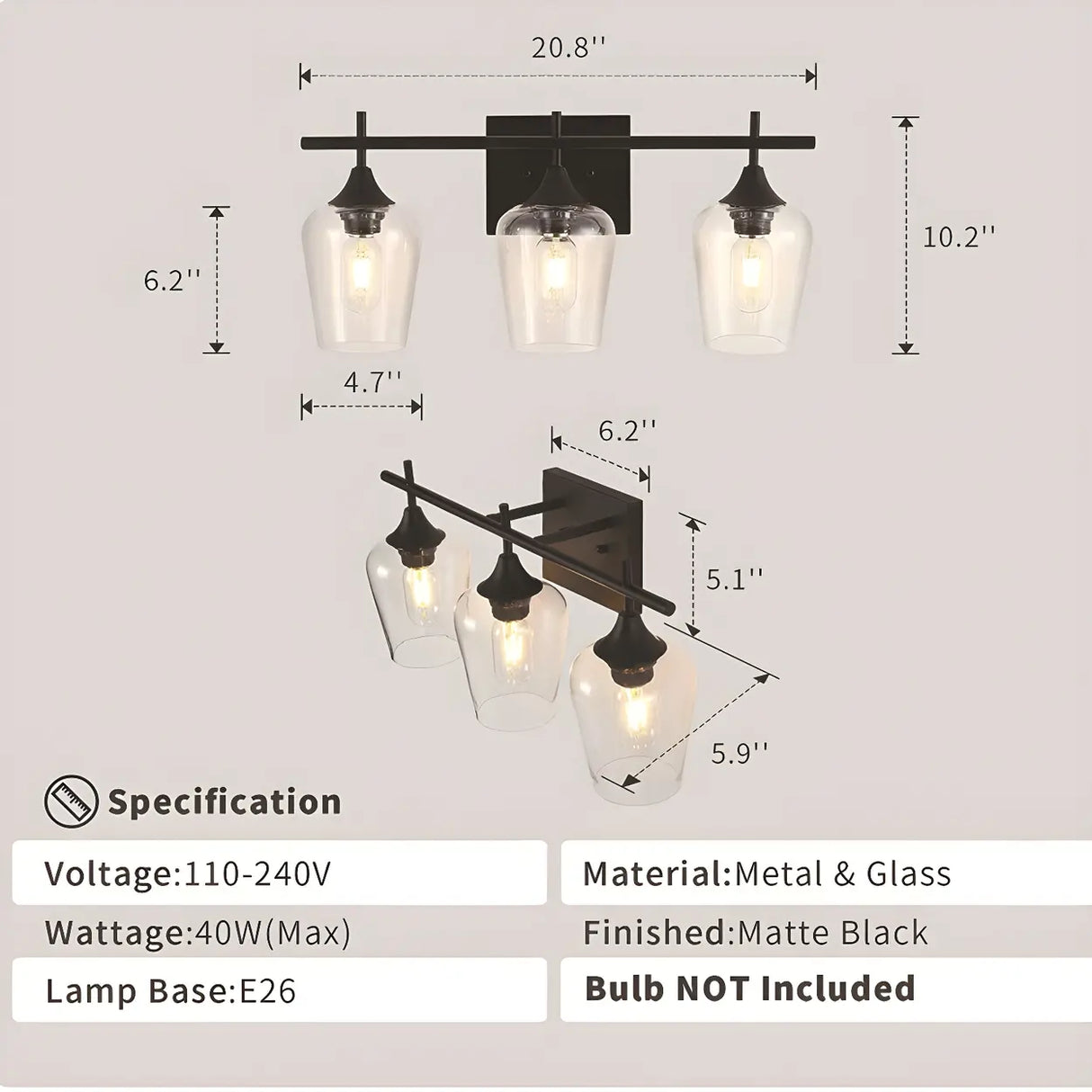 Industrial Black Clear Glass 3 Bulbs Wall Vanity Light Image - 6