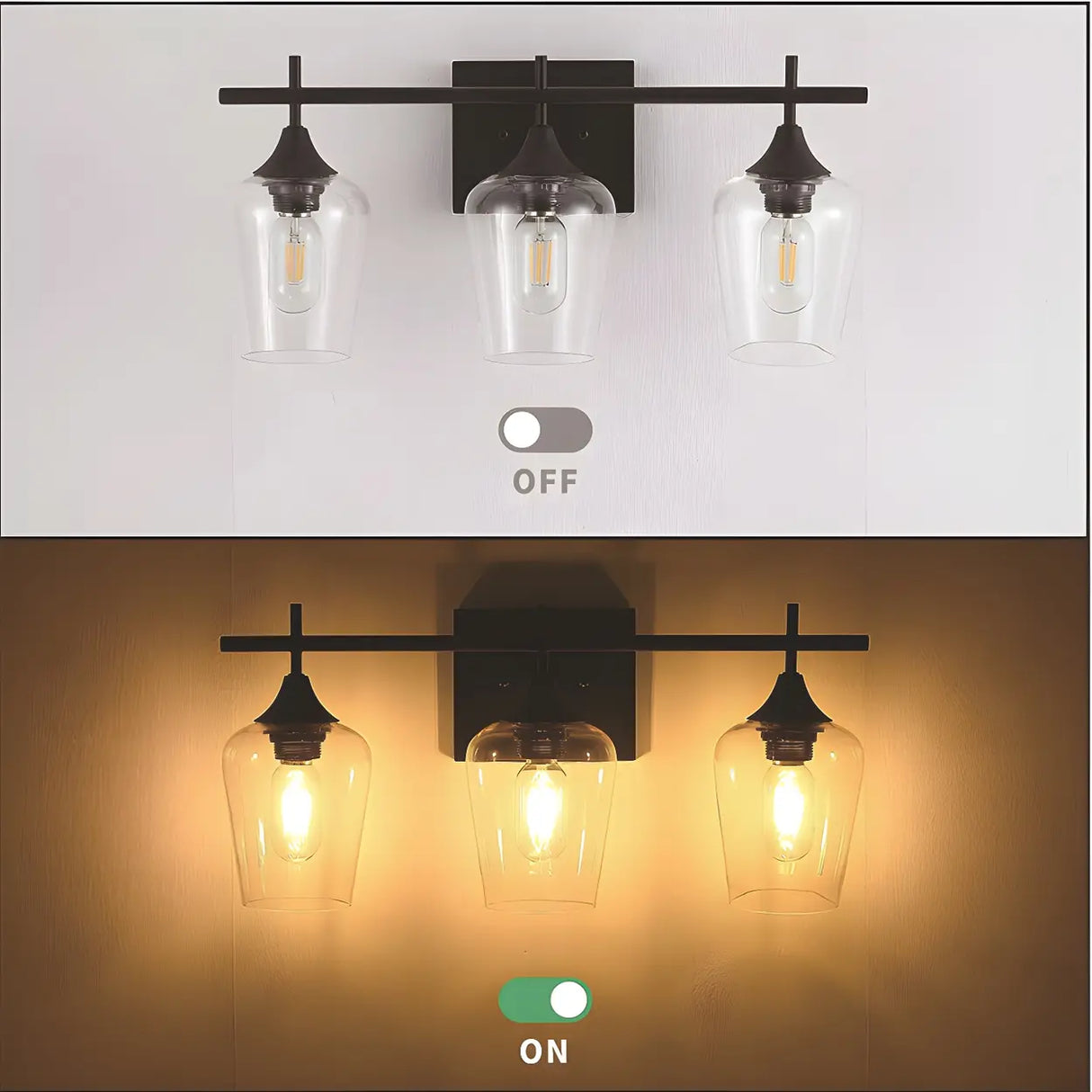 Industrial Black Clear Glass 3 Bulbs Wall Vanity Light Image - 7