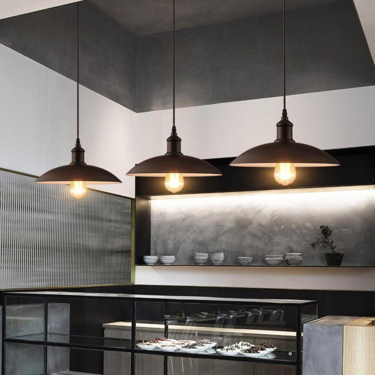 Industrial Black Metal Flat Dome Pendant Light Set Image - 1