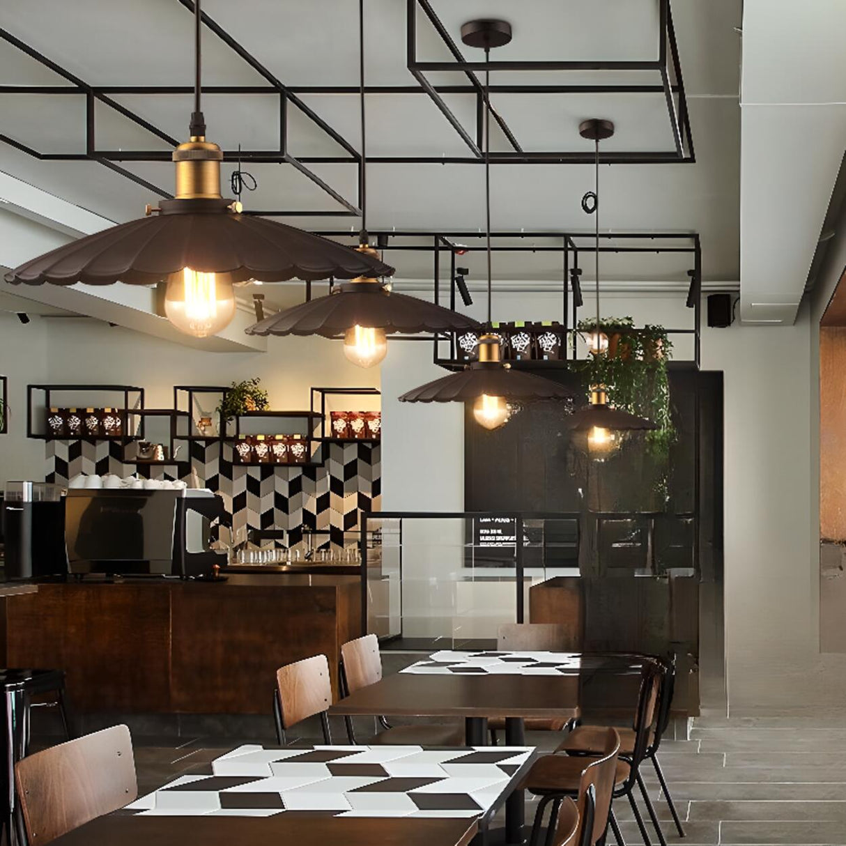 Industrial Black Metal Flat Dome Pendant Light Set Image - 2