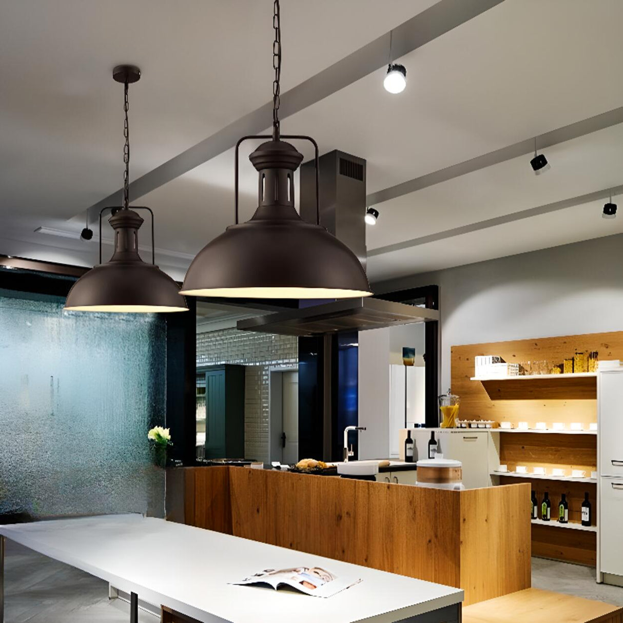 Industrial Black Metal Flat Dome Pendant Light Set Image - 3