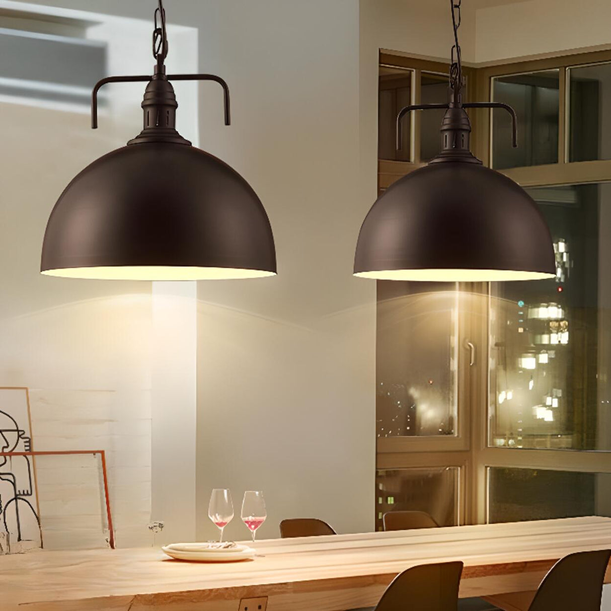 Industrial Black Metal Flat Dome Pendant Light Set Image - 4