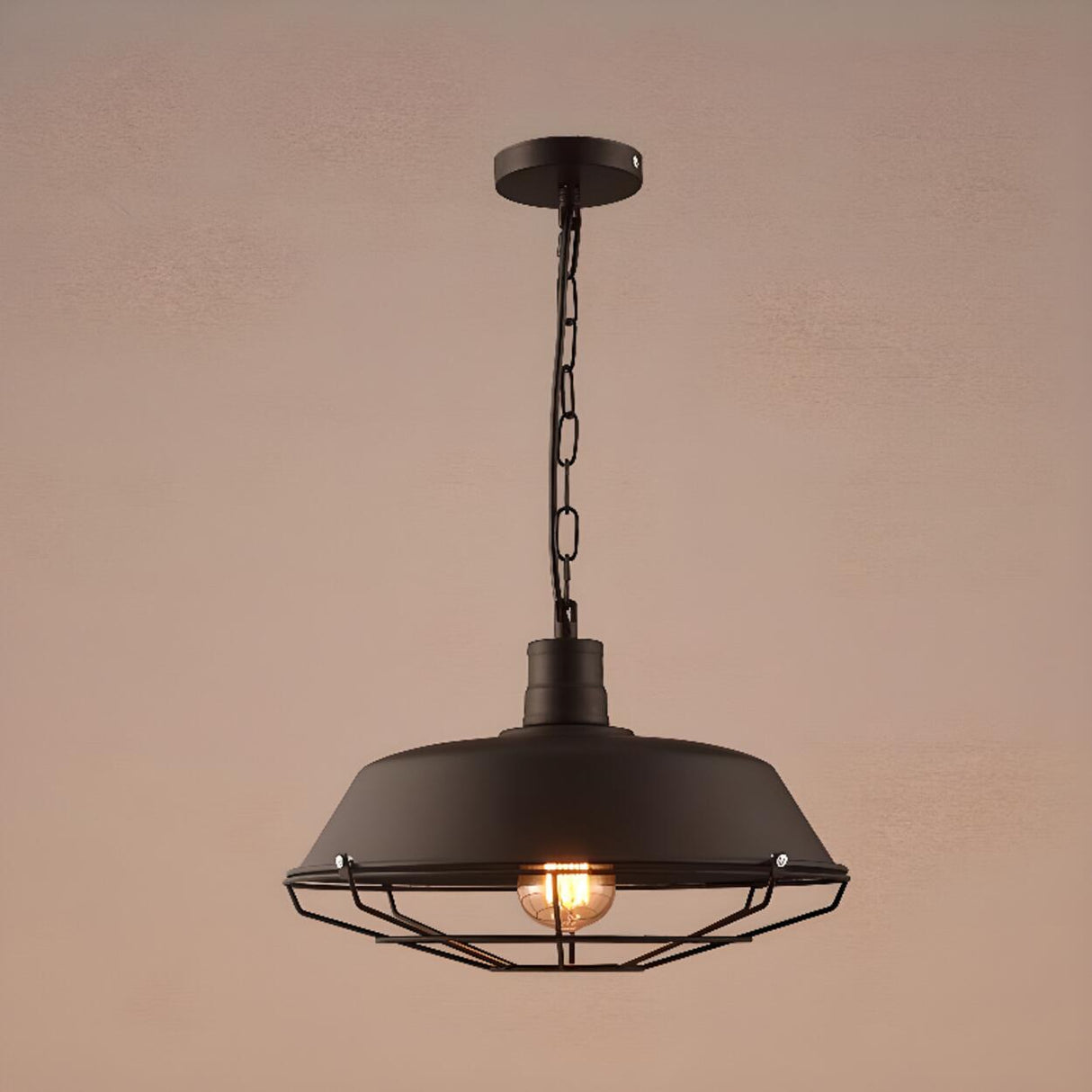 Industrial Black Metal Flat Dome Pendant Light Set Image - 9
