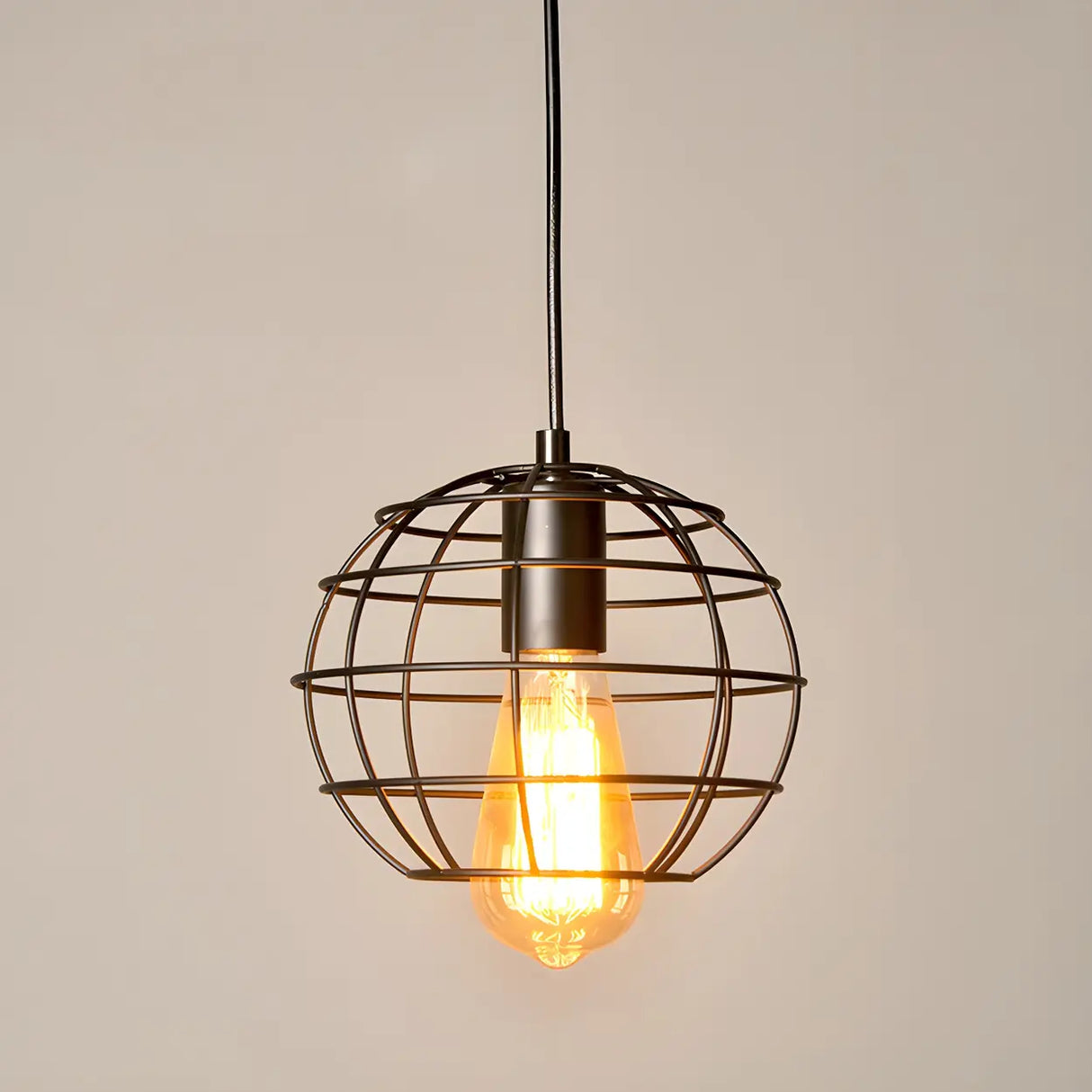 Industrial Black Metal Wire Caged Cord Pendant Light Image - 12