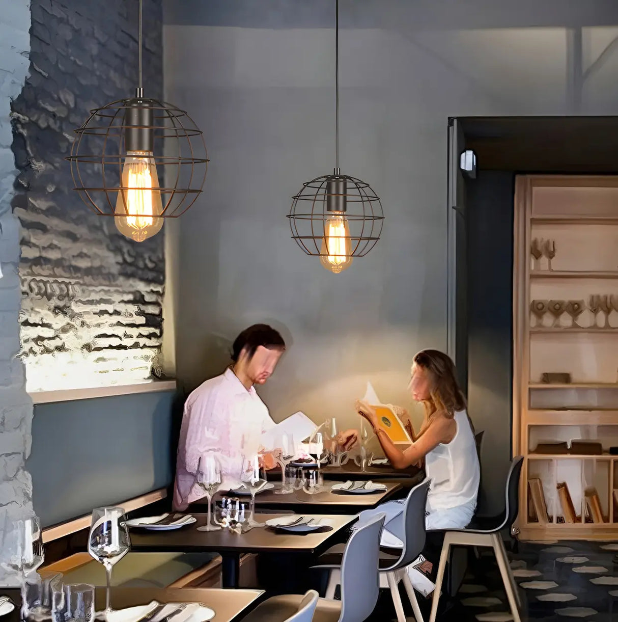 Industrial Black Metal Wire Caged Cord Pendant Light Image - 14