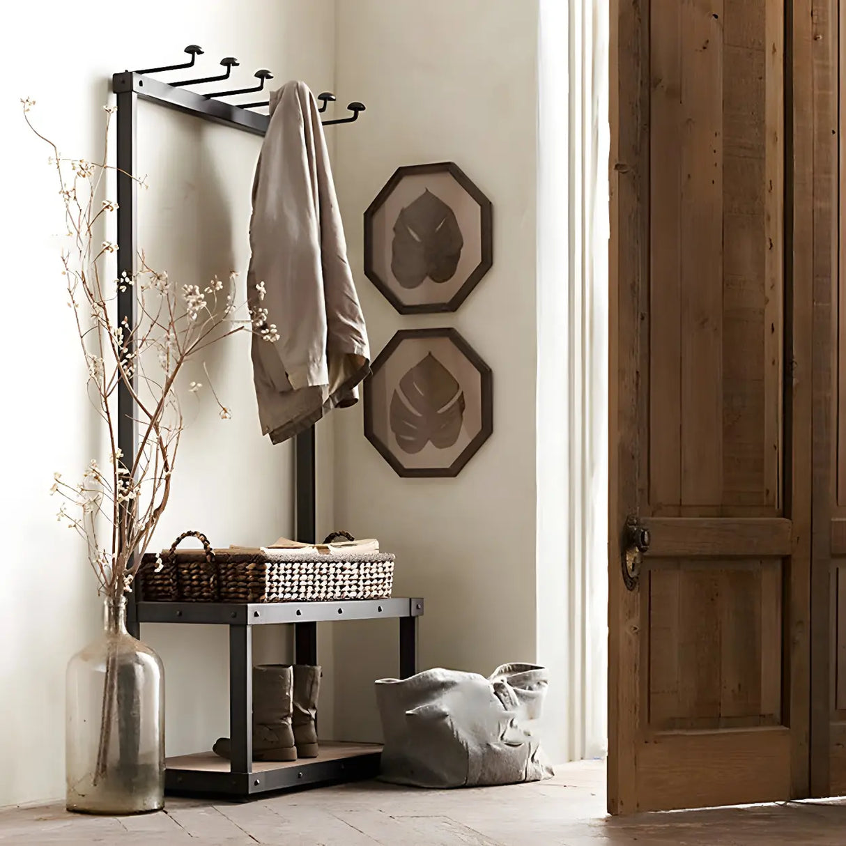 Industrial Black Metal Wood Hall Tree with Shelves and Hooks Image - 1