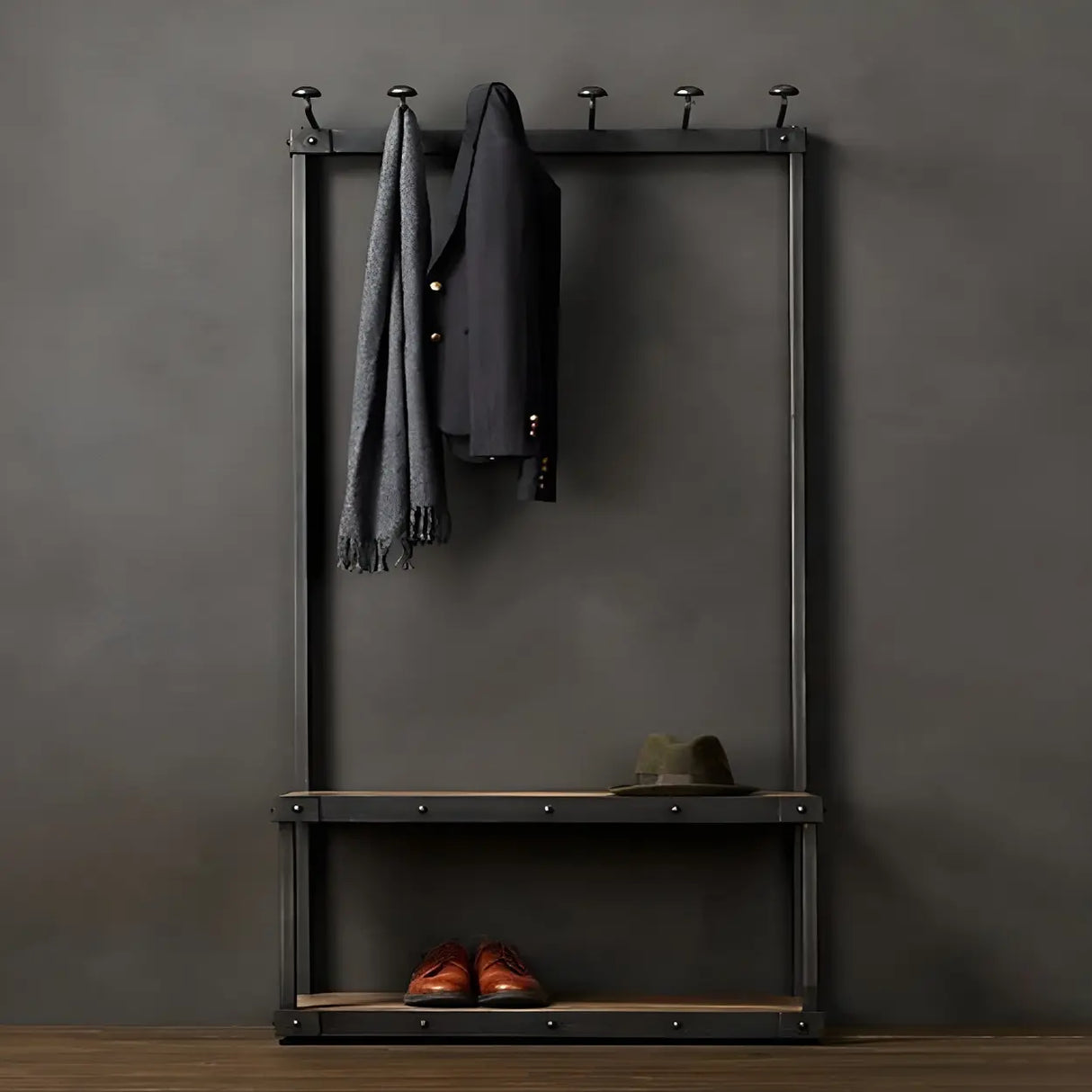 Industrial Black Metal Wood Hall Tree with Shelves and Hooks Image - 3