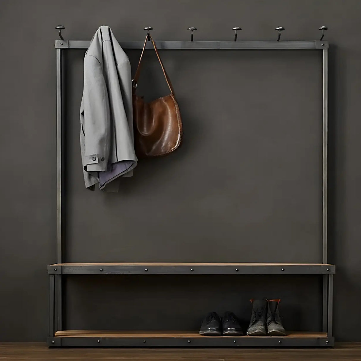 Industrial Black Metal Wood Hall Tree with Shelves and Hooks Image - 4