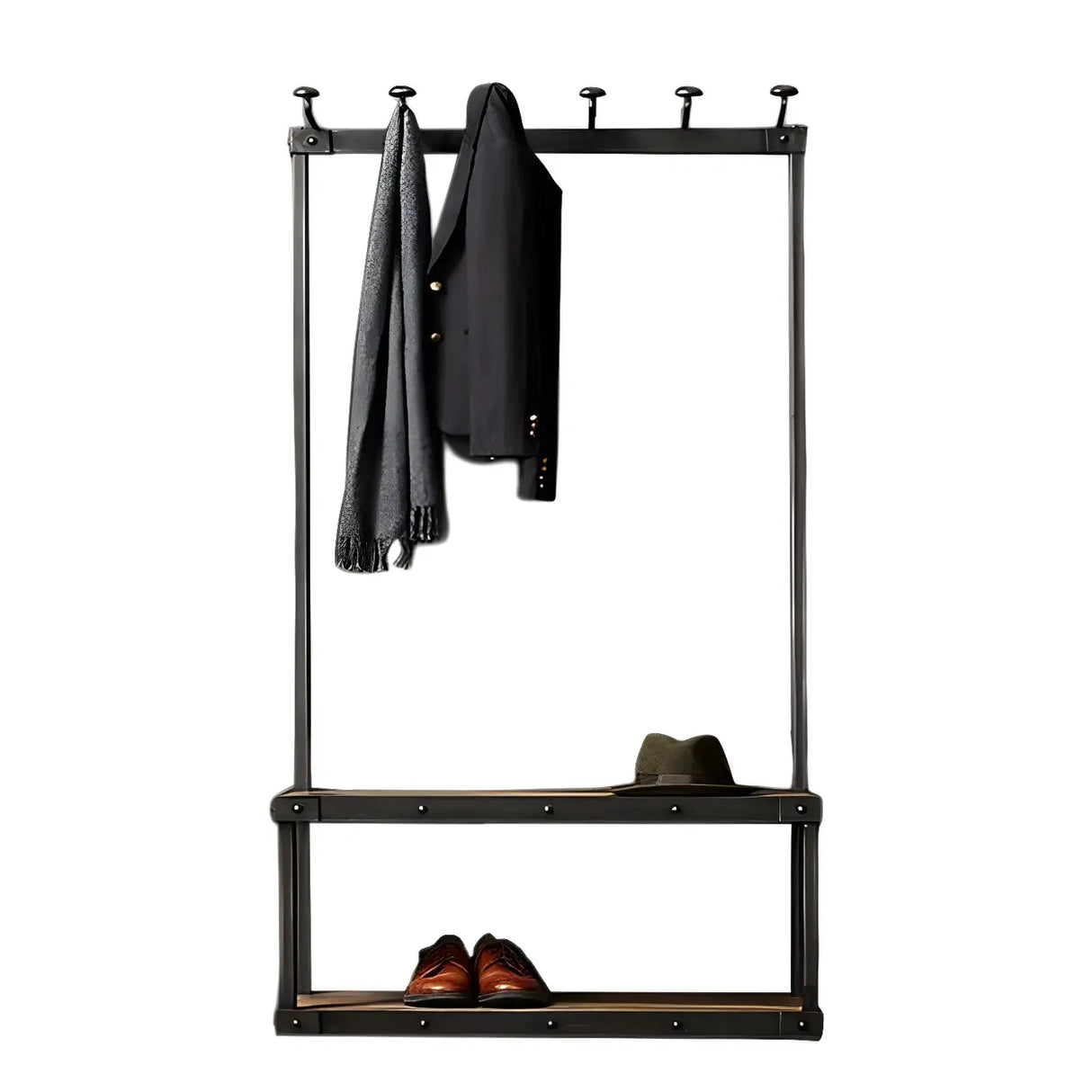 Industrial Black Metal Wood Hall Tree with Shelves and Hooks Image - 5
