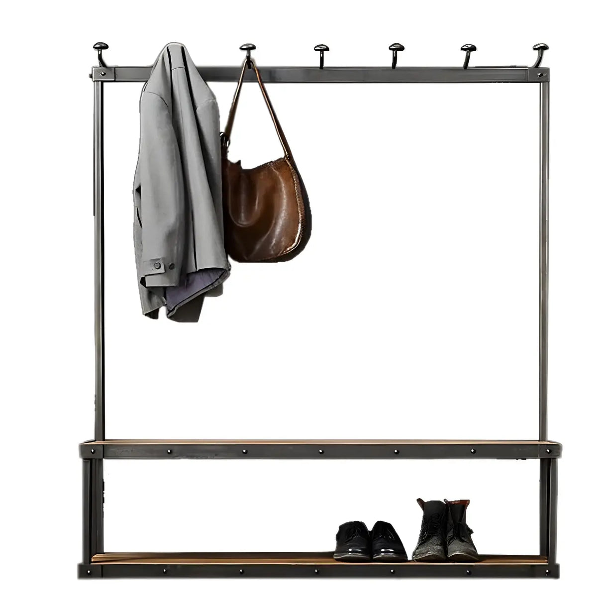 Industrial Black Metal Wood Hall Tree with Shelves and Hooks Image - 6
