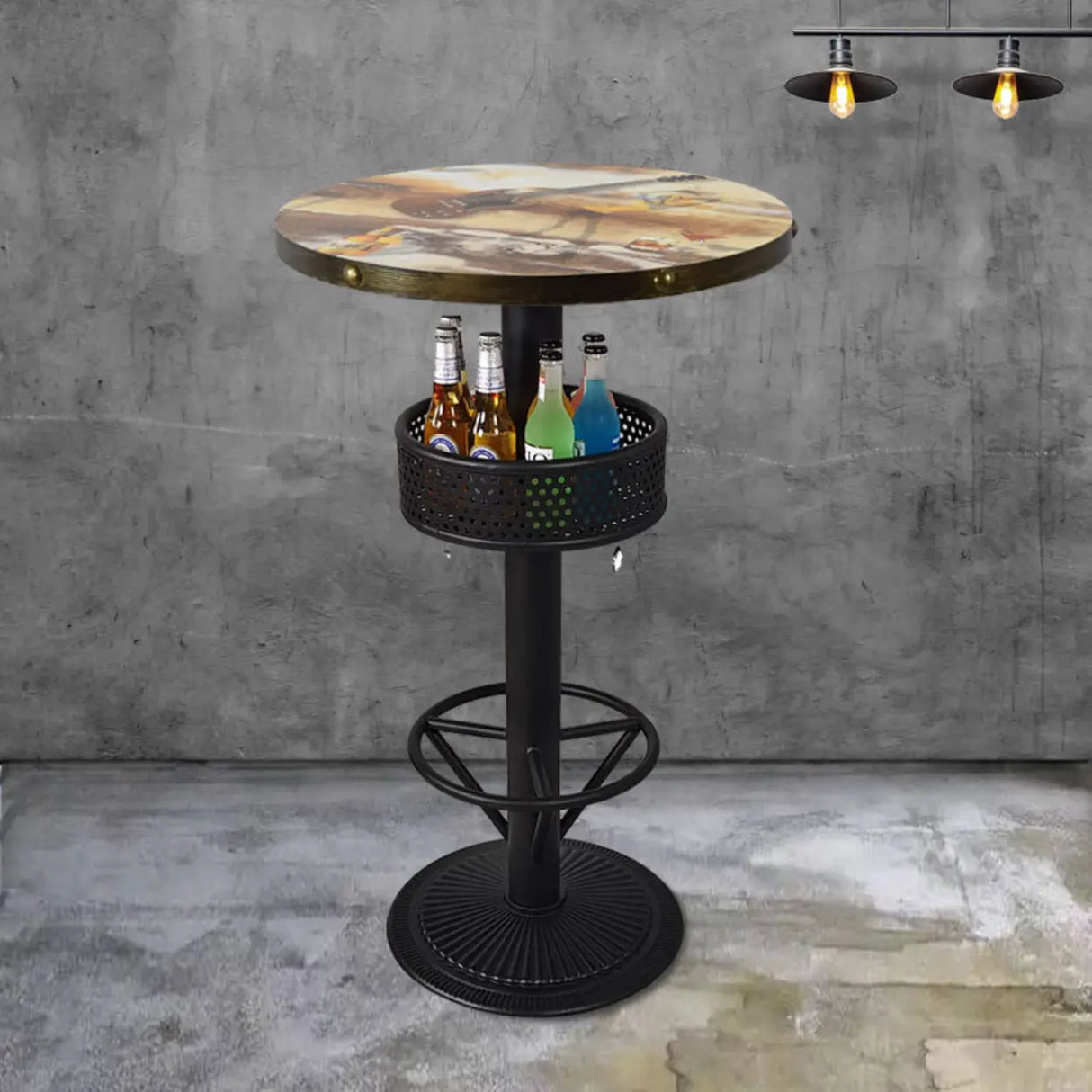 Industrial Black Small Round Bar Table with Storage Shelf Image - 1