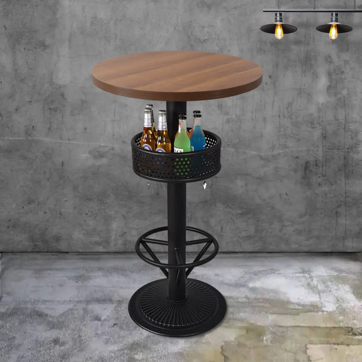 Industrial Black Small Round Bar Table with Storage Shelf Image - 3