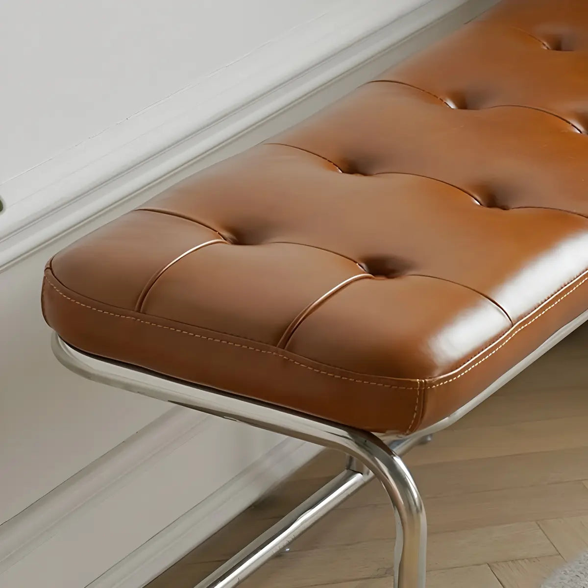 Industrial Brown Faux Leather Cushioned Entryway Bench Image - 8