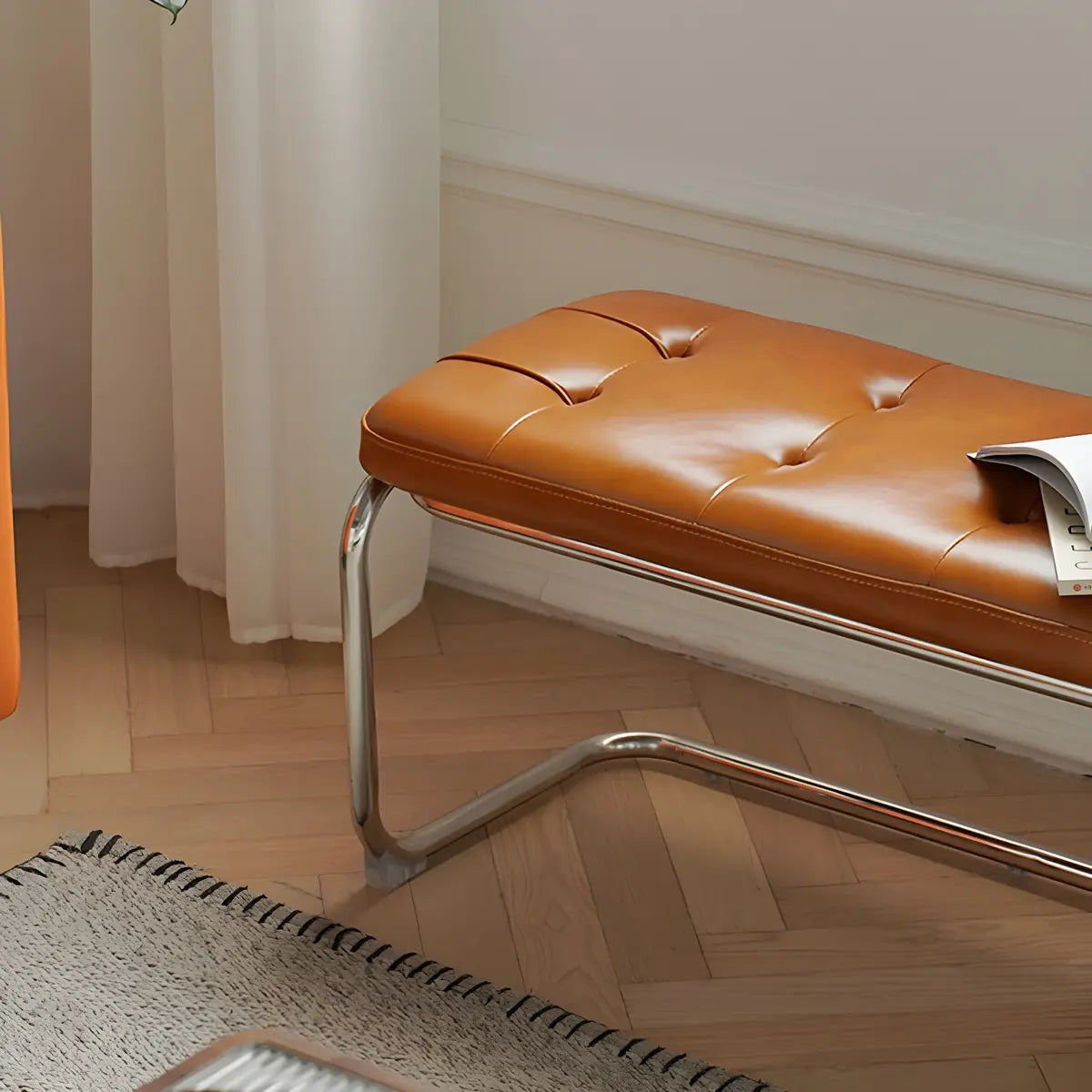 Industrial Brown Faux Leather Cushioned Entryway Bench Image - 9