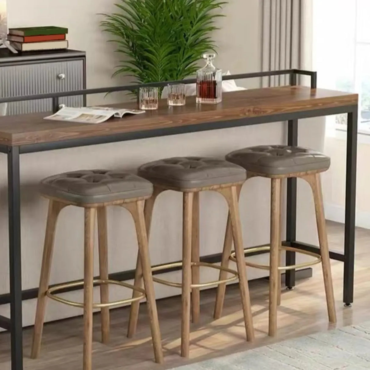 Industrial Brown Rectangular Metal Wood Bar Table With Footrest Image - 4