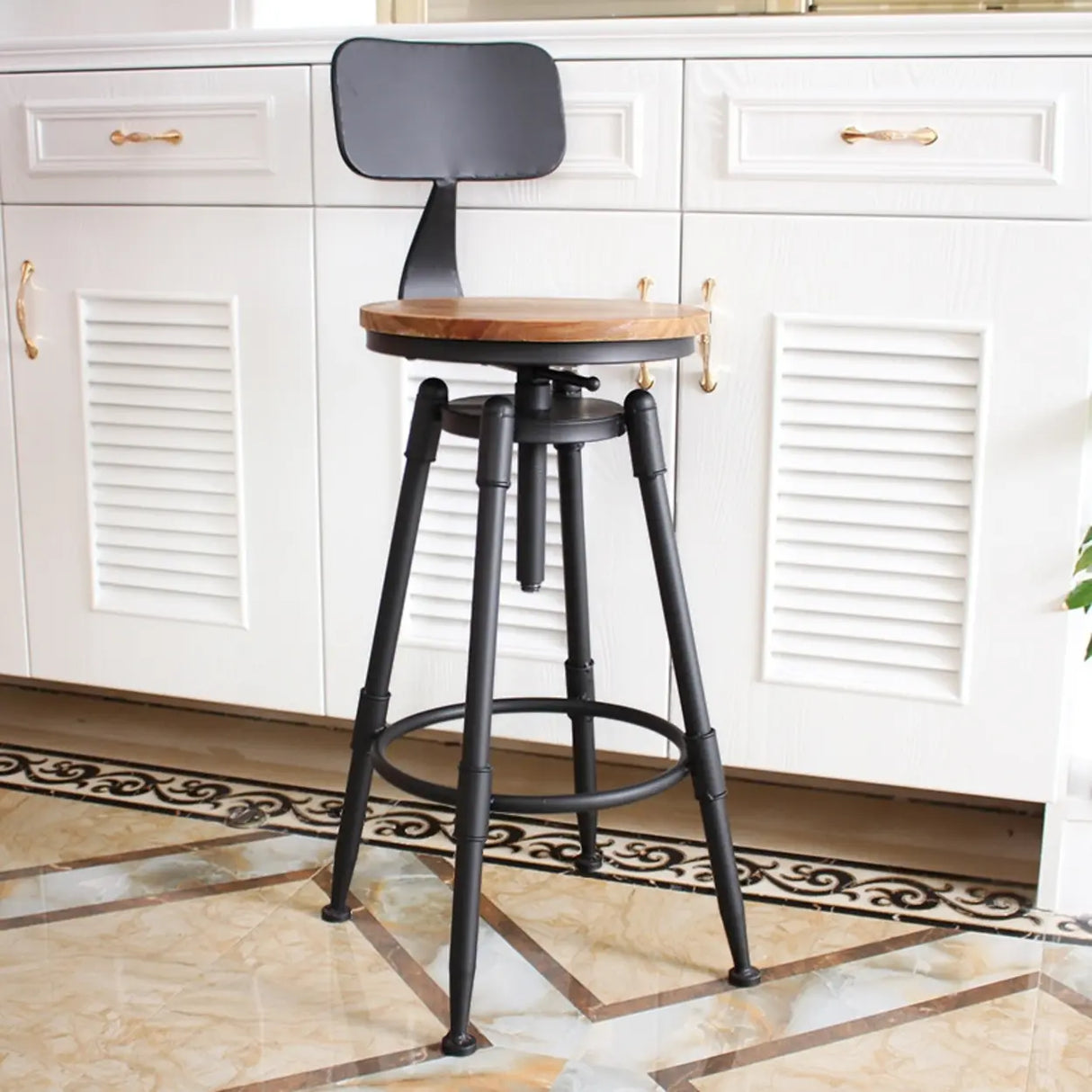 Industrial Brown Swivel Adjustable Round Bar Stool with Back Image - 2