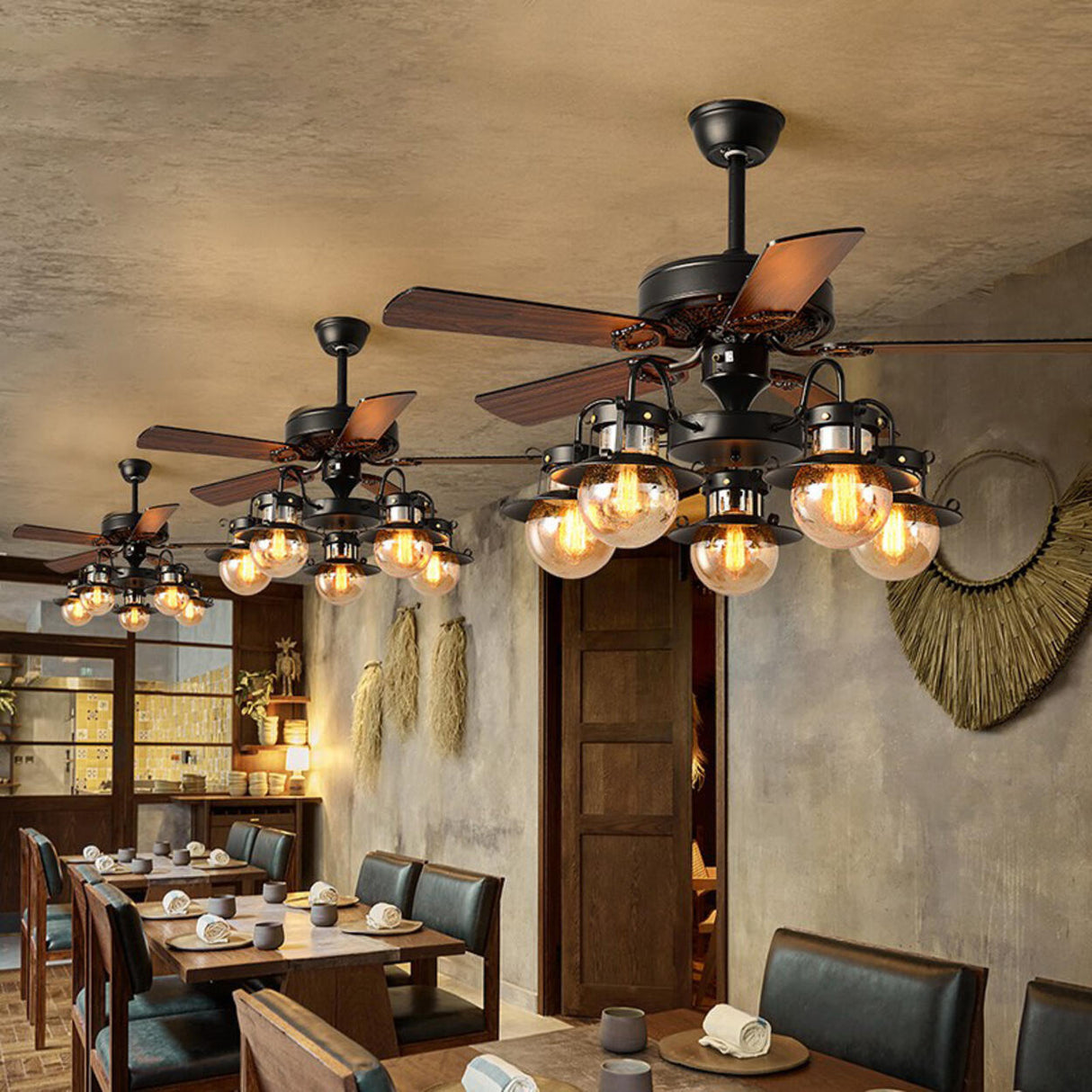 Industrial Brown Wood 5 Blades Ceiling Fan with Light Image - 3