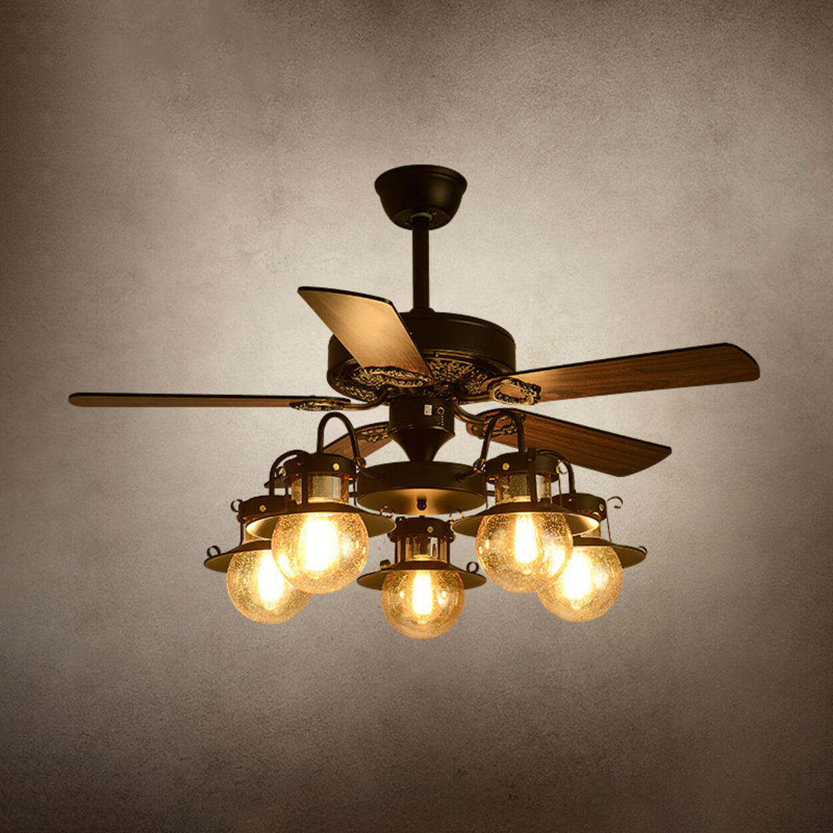 Industrial Brown Wood 5 Blades Ceiling Fan with Light Image - 6