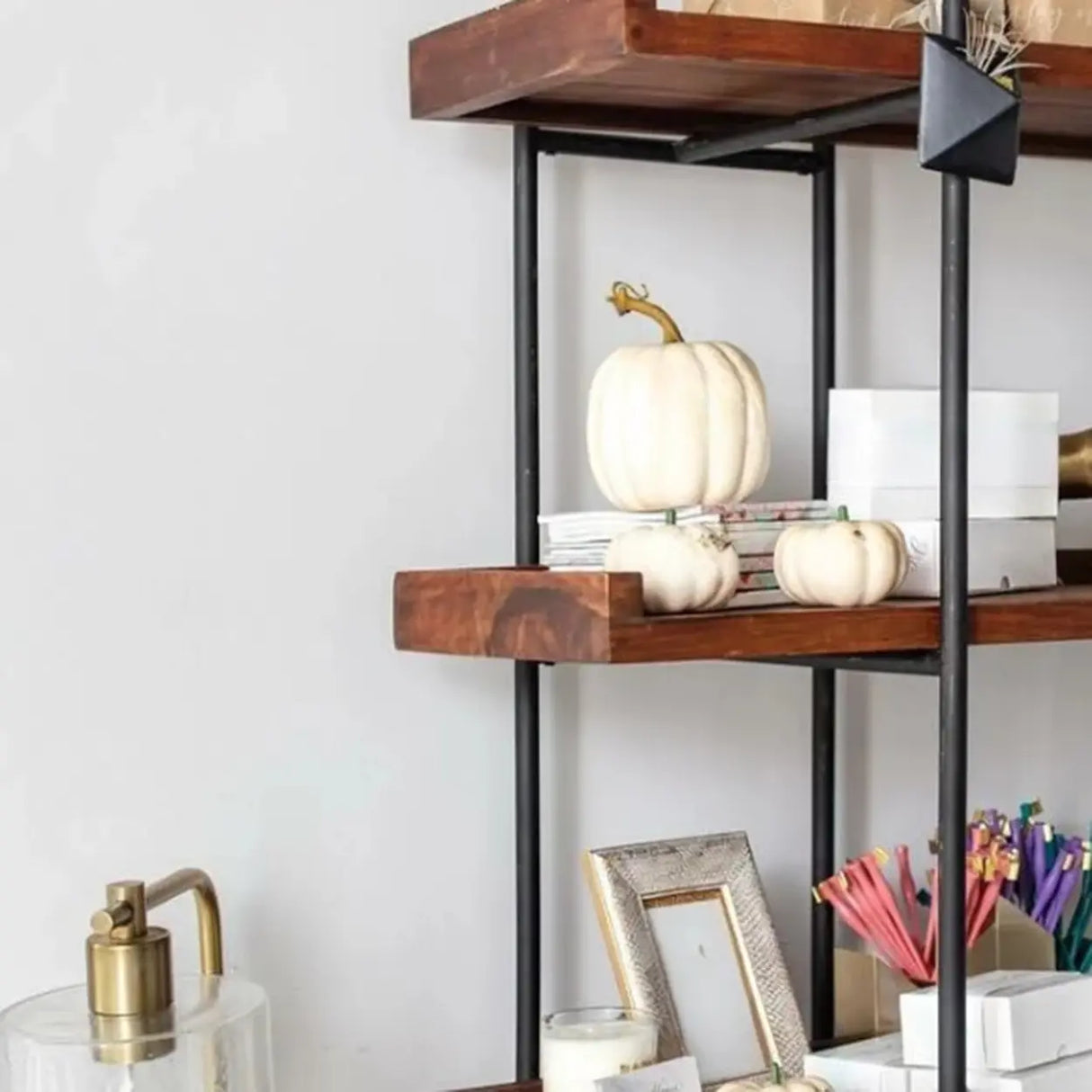 Industrial Brown Wood and Metal Vertical Tiered Bookshelf Image - 5