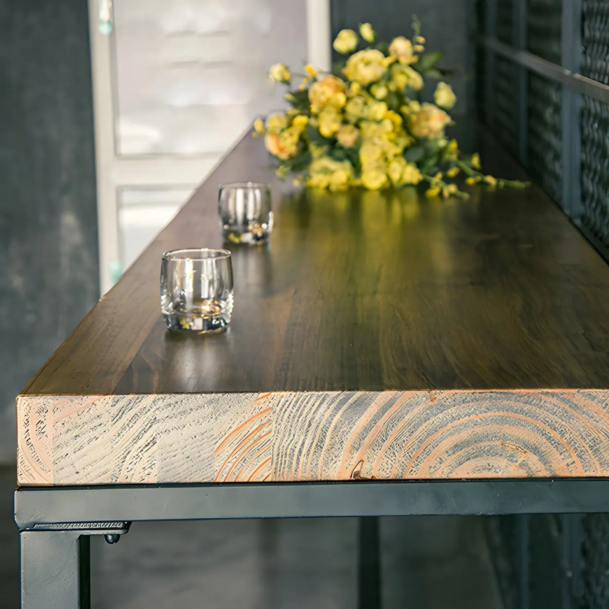 Industrial Wood Bar Table Set Gold Wire Back Cushion Stool Image - 4