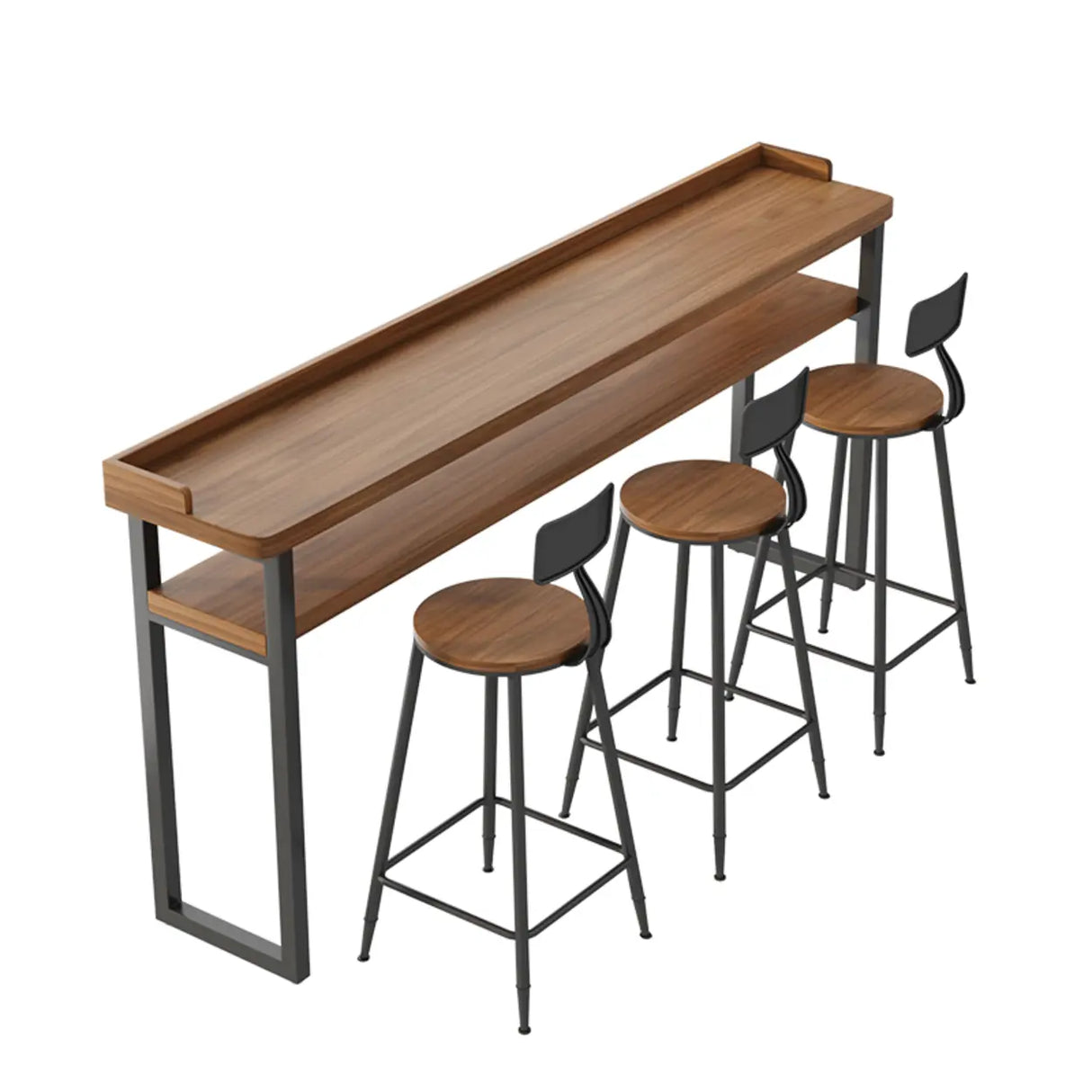 Industrial Brown Wood Storage Shelf Bar Table With Footrest Image - 2